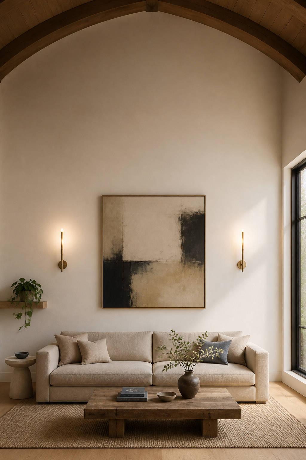 Vaulted living room wall divided into three zones showing furniture at base, oversized art and sconces at mid level, and intentional empty space in the high zone near ceiling