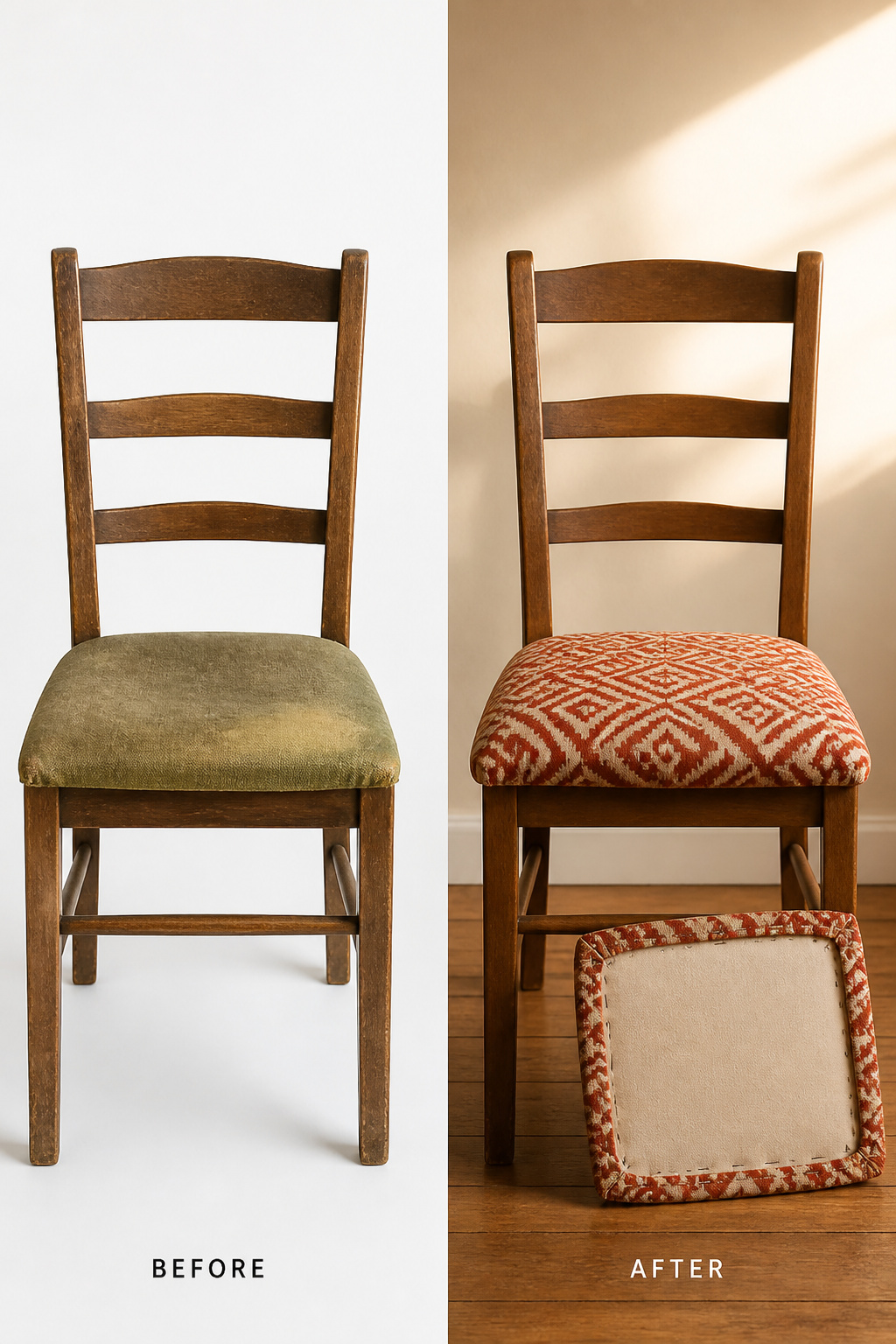 Before and after of thrifted ladder-back dining chair reupholstered with rust geometric linen seat pad