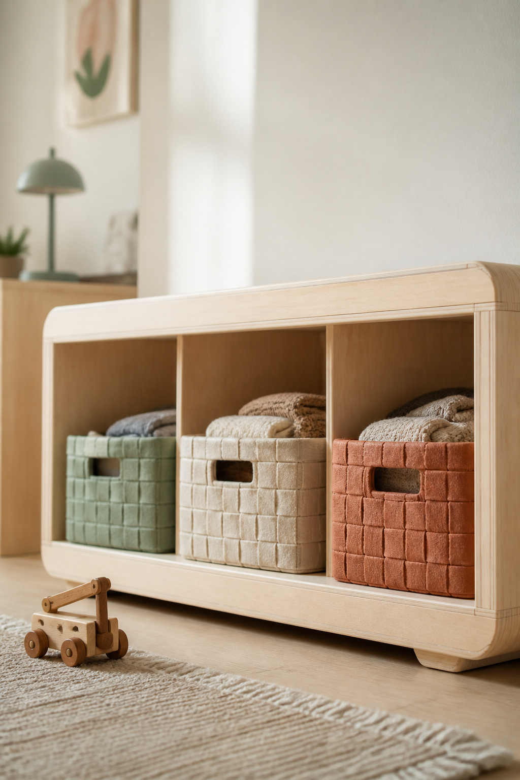 Low open birch shelf holding woven felt storage bins within easy floor-level reach