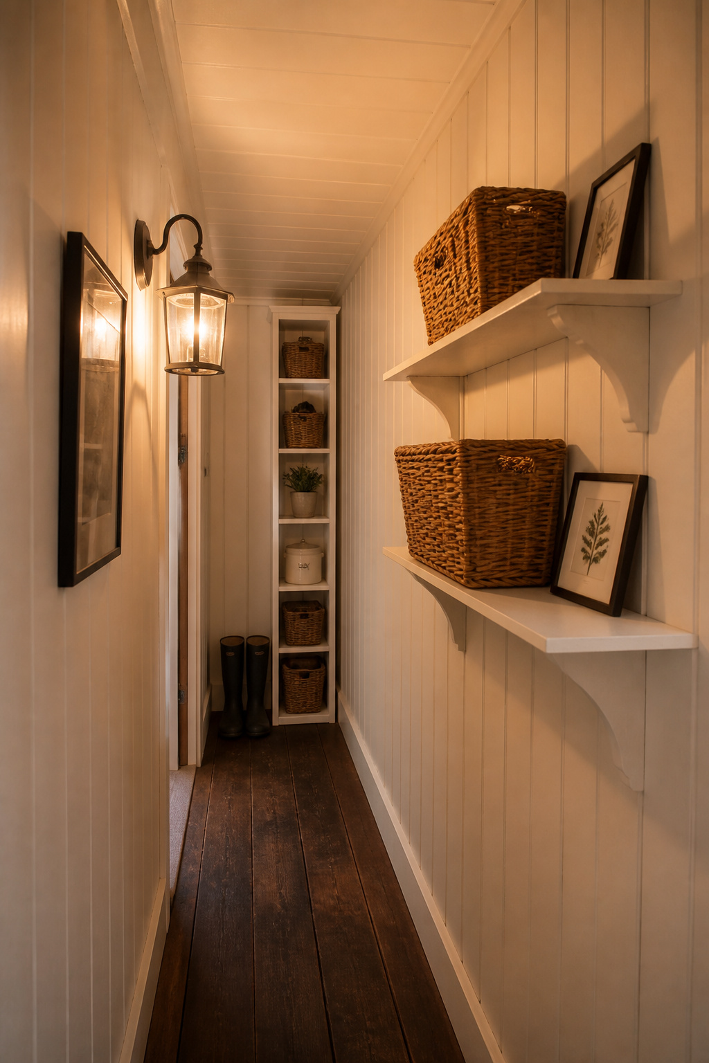 Narrow 42-inch cottage hallway with two staggered floating shelves holding wicker baskets and a slim white storage tower in the corner