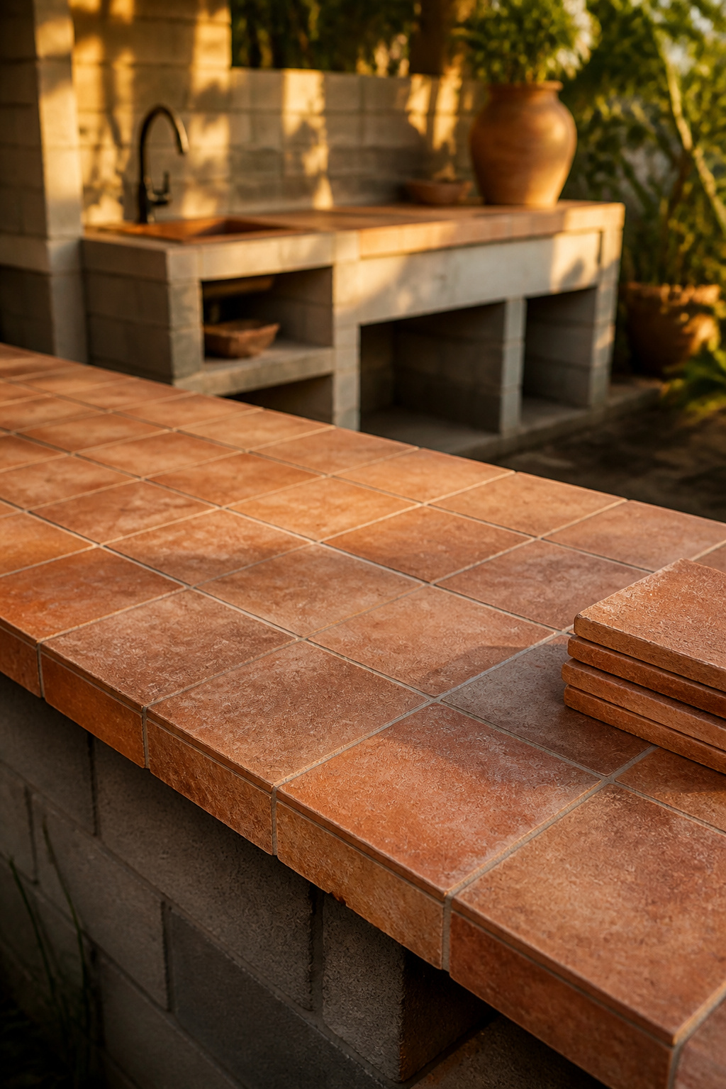 Budget outdoor kitchen countertop finished in terracotta-toned tile atop a concrete block frame