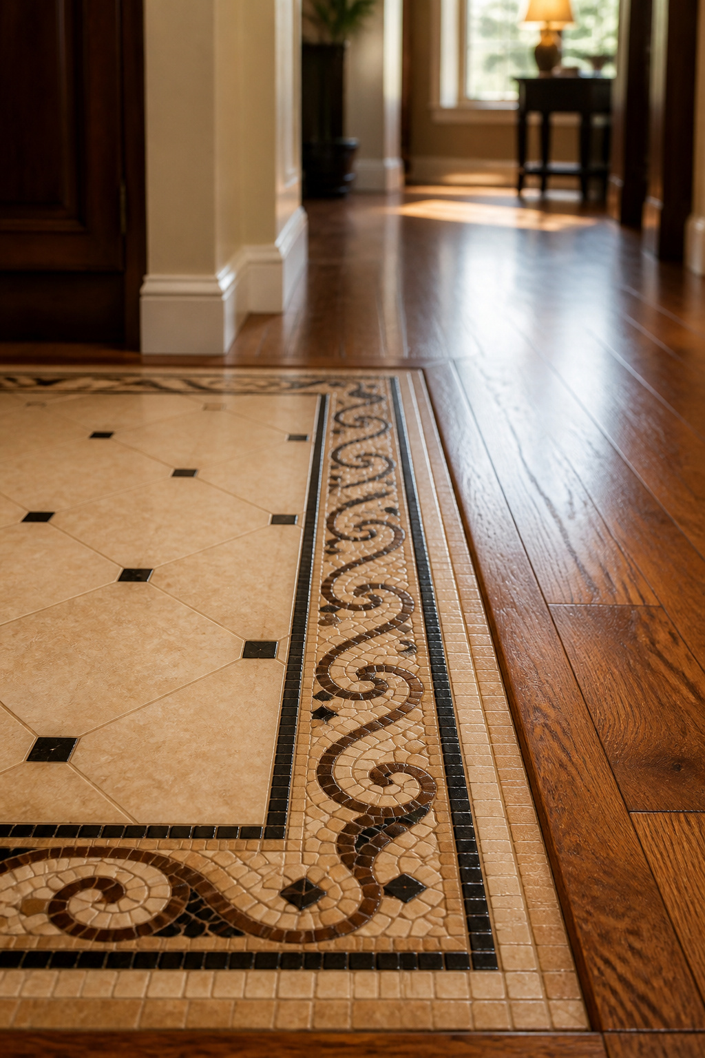 Decorative tile mosaic border inlay framing an entryway tile floor as it meets adjacent hardwood planks