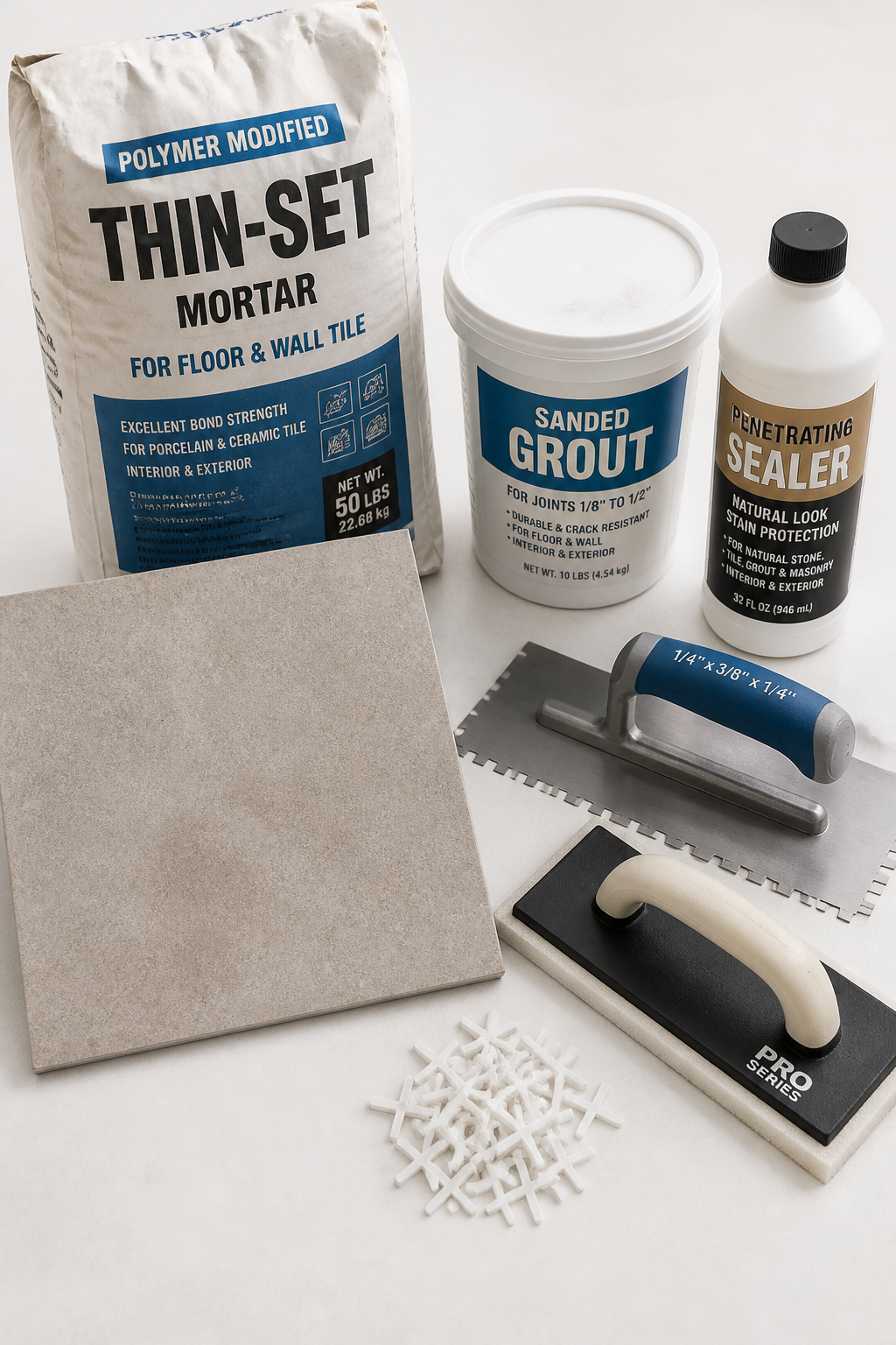 Entryway tile installation materials arranged on a workbench: thinset bag, grout tub, penetrating sealer, notched trowel, grout float, and tile spacers