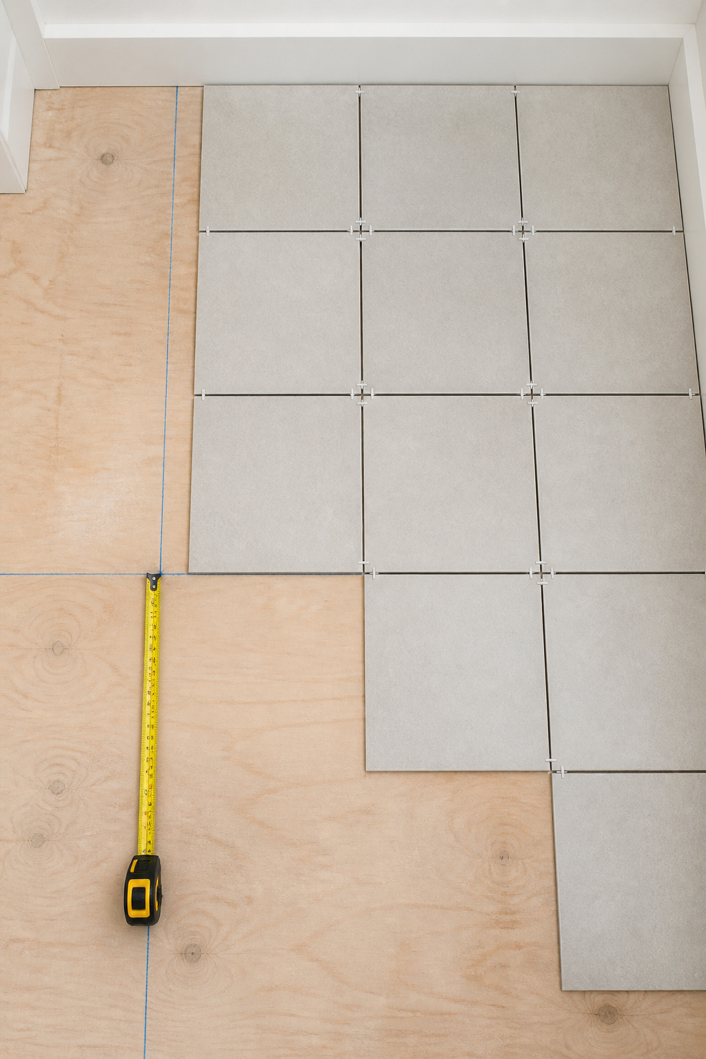 Overhead view of dry-laid porcelain tiles spreading from intersecting chalk centre lines on an entryway subfloor, with tile spacers in place