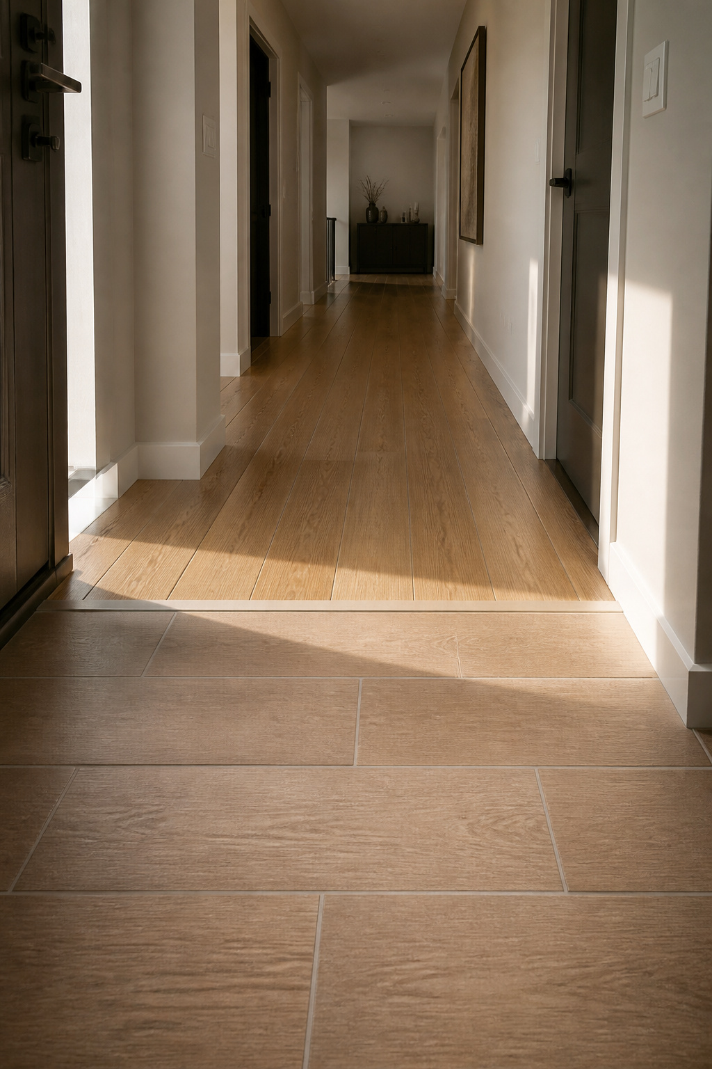 Entryway transition from warm oak wood-look porcelain plank tile to matching real hardwood via a flush Schluter strip