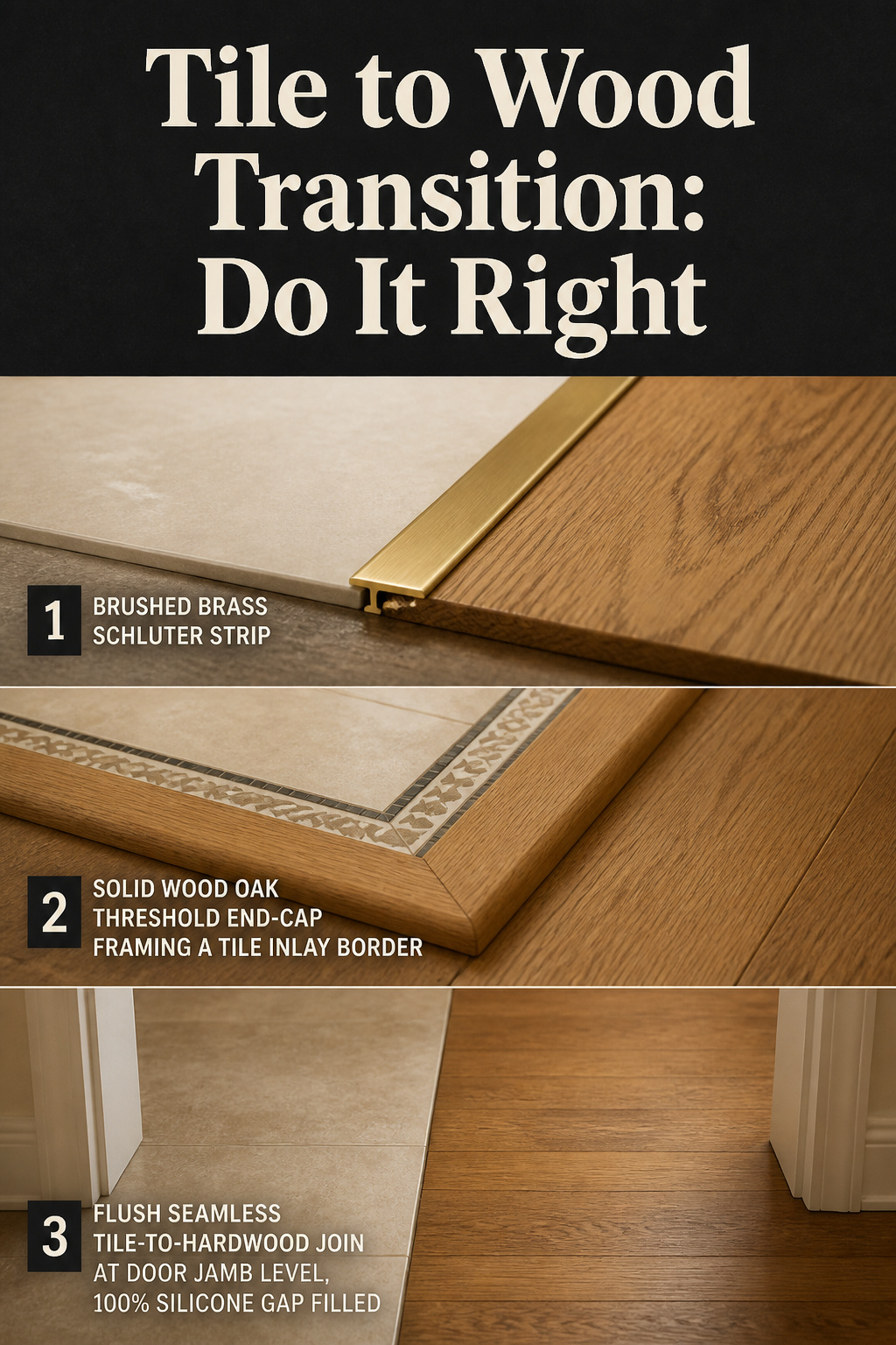 Three tile-to-wood floor transition ideas: metal strip, hardwood threshold, and flush join