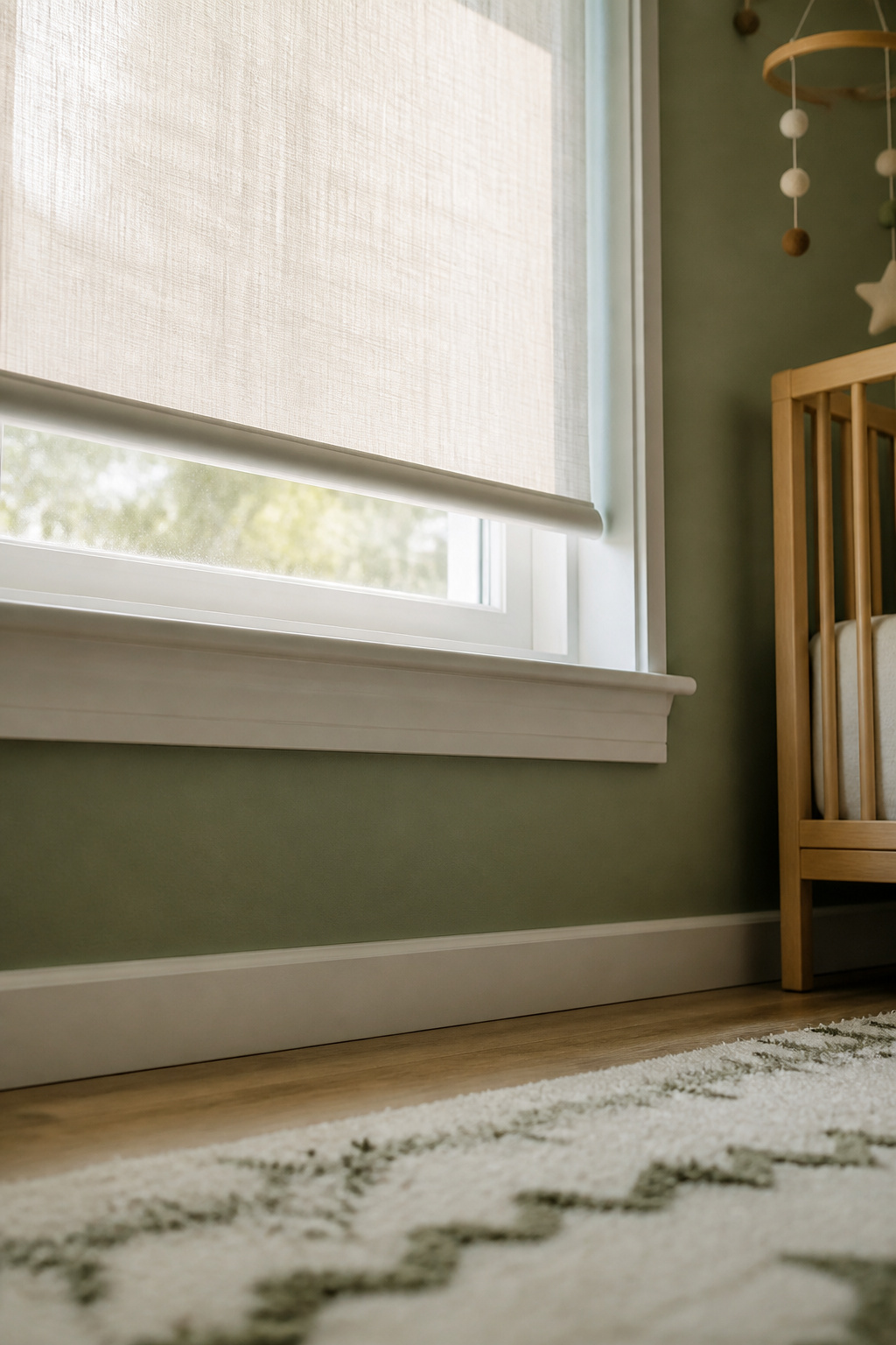 Low toddler-height view of a nursery window's cordless shade hardware, illustrating a safety check at child eye level