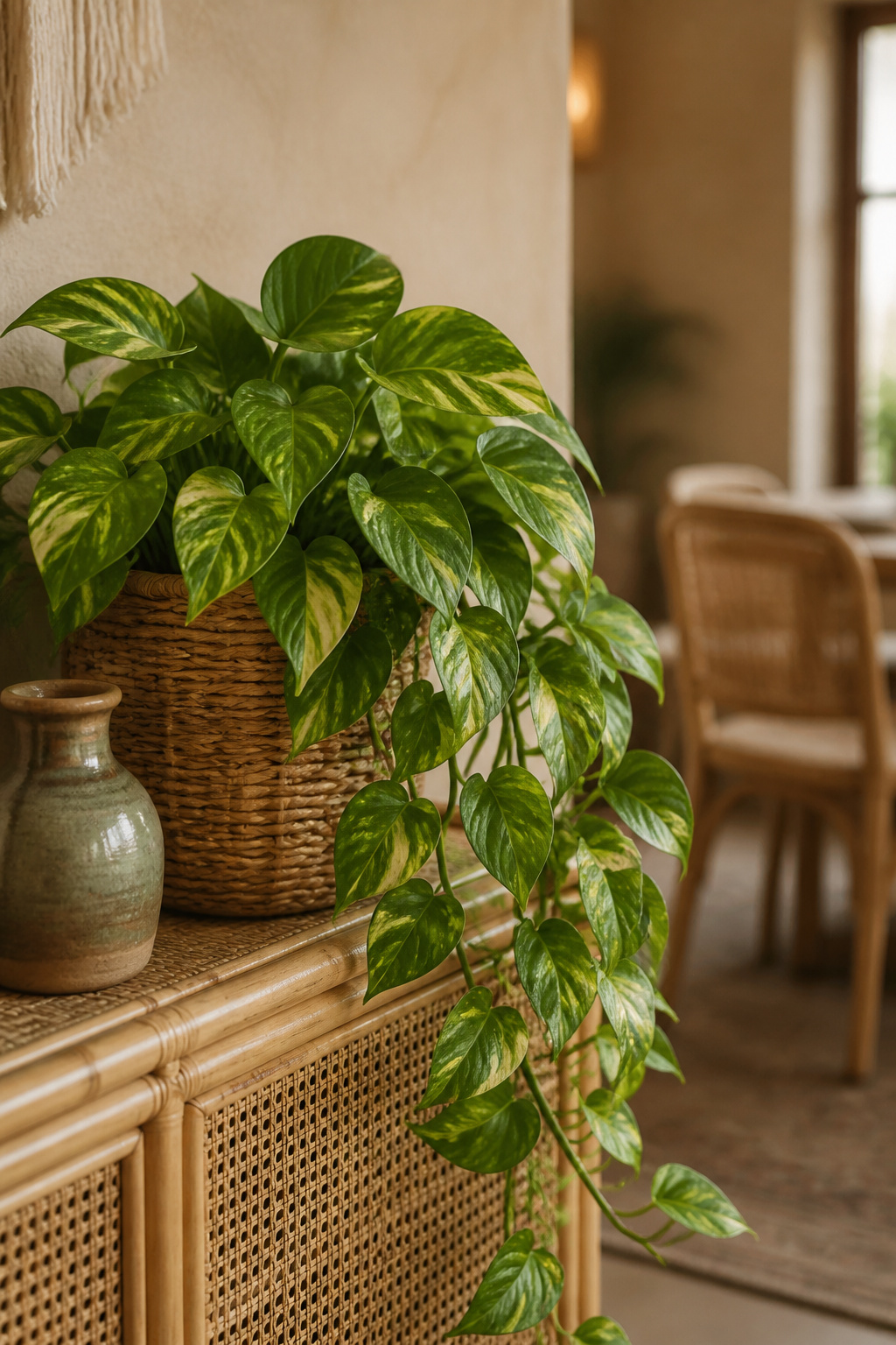 Trailing pothos plant cascading from a woven basket planter on a rattan sideboard shelf in a boho dining room