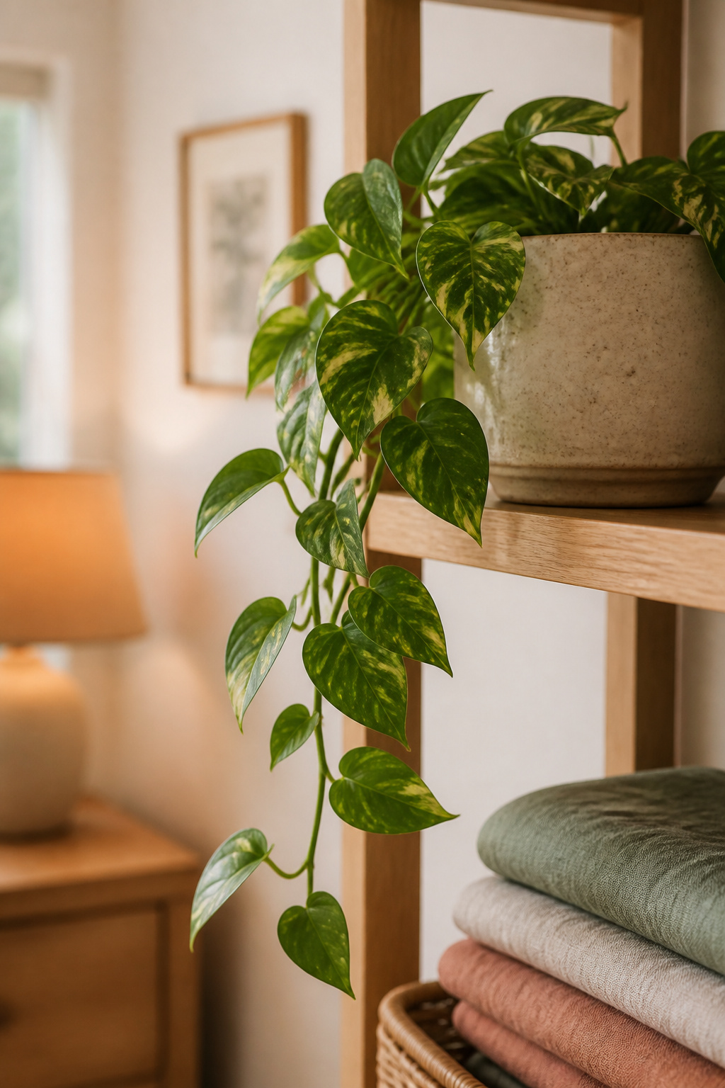 Trailing pothos plant cascading from an open wood shelf with clear space beneath it