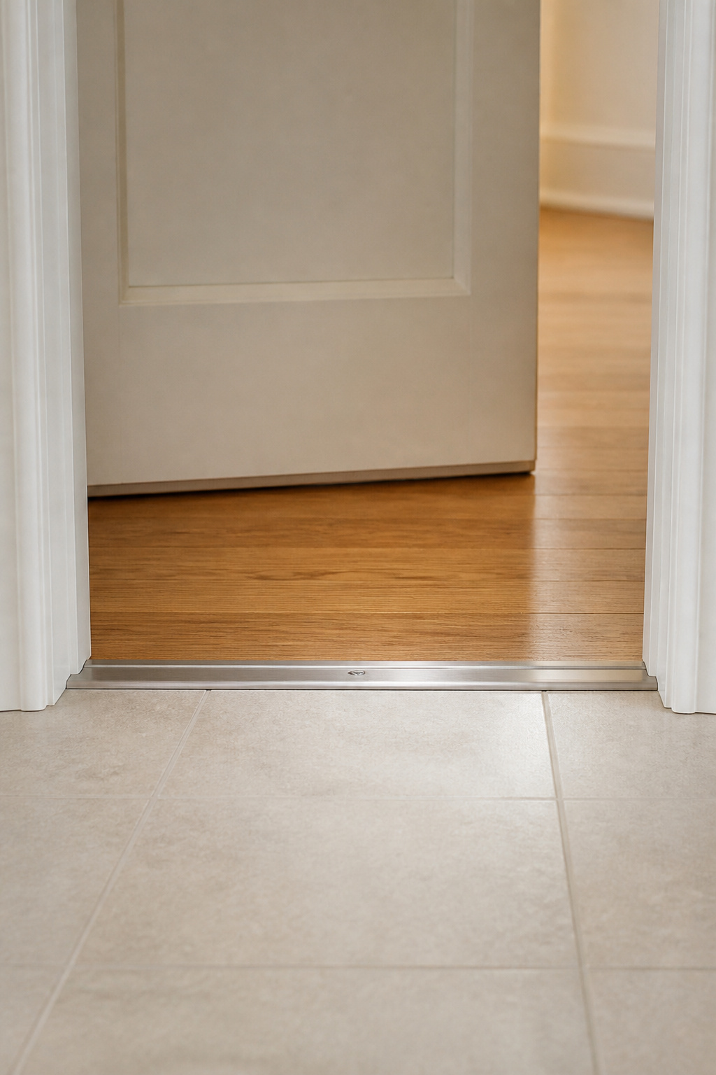 Slim transition strip at doorway midpoint separating porcelain tile entry from oak hardwood hallway floor, door jambs visible either side