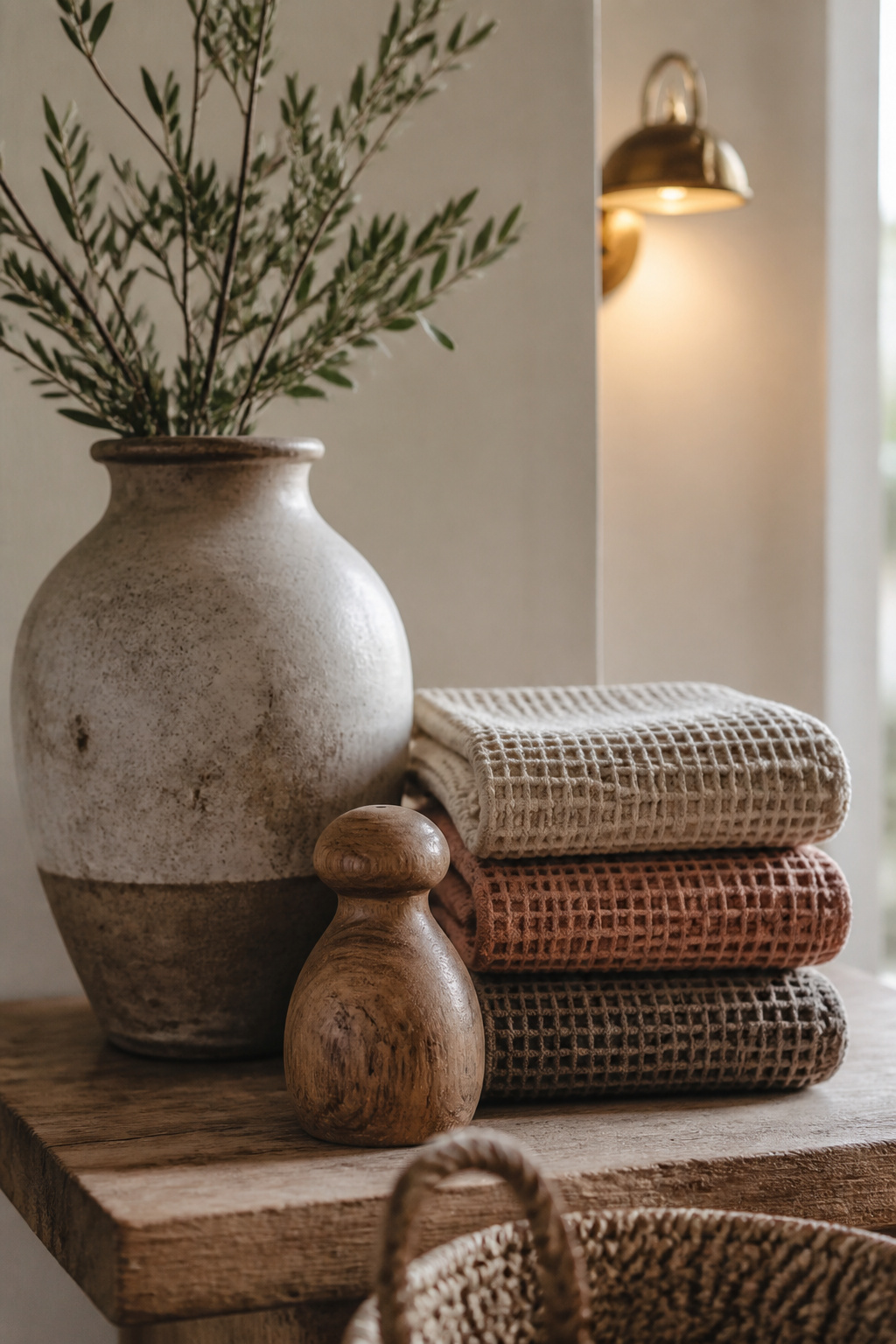 A triangle-arranged shelf vignette mixing a tall stoneware vase, folded towels, and a small wood object at three heights