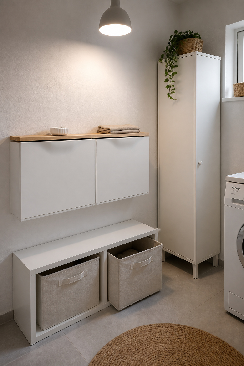 White TRONES wall cabinets mounted side-by-side above KALLAX sorter unit with natural canvas bins, Nordic laundry nook