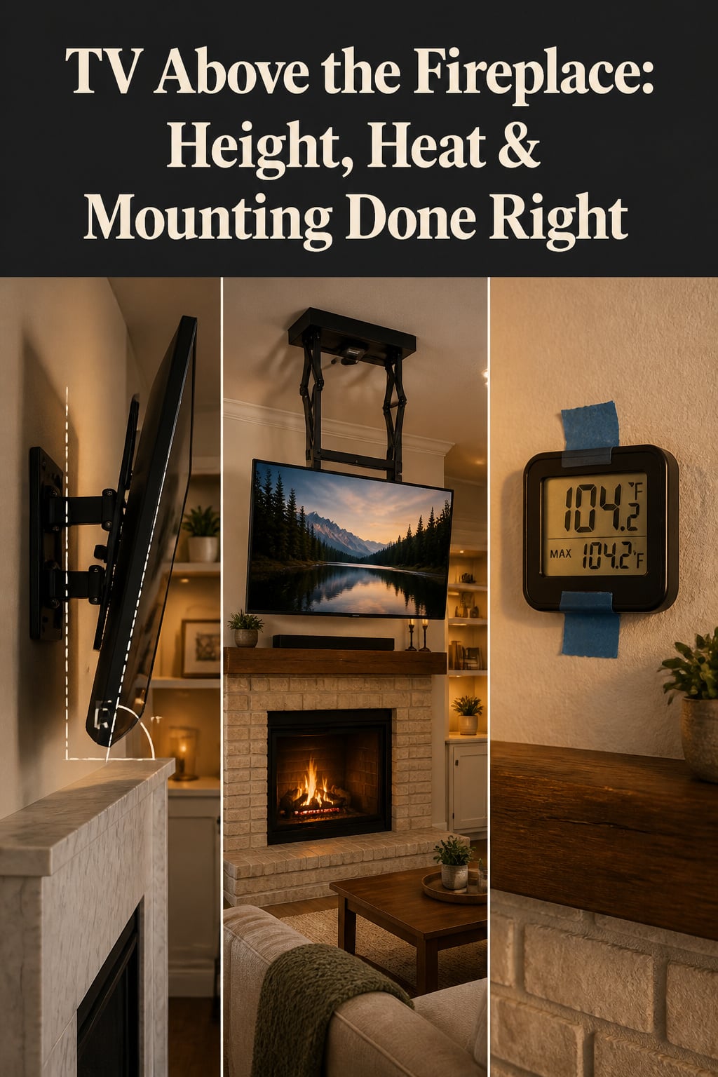 Three-panel Pinterest collage showing a tilt mount, a pull-down mount at eye level, and a heat test above a fireplace mantel
