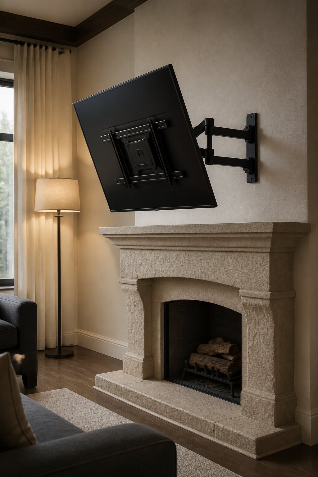 TV mounted above a stone fireplace on a full-motion pull-down mount angled to eye level in a modern traditional living room