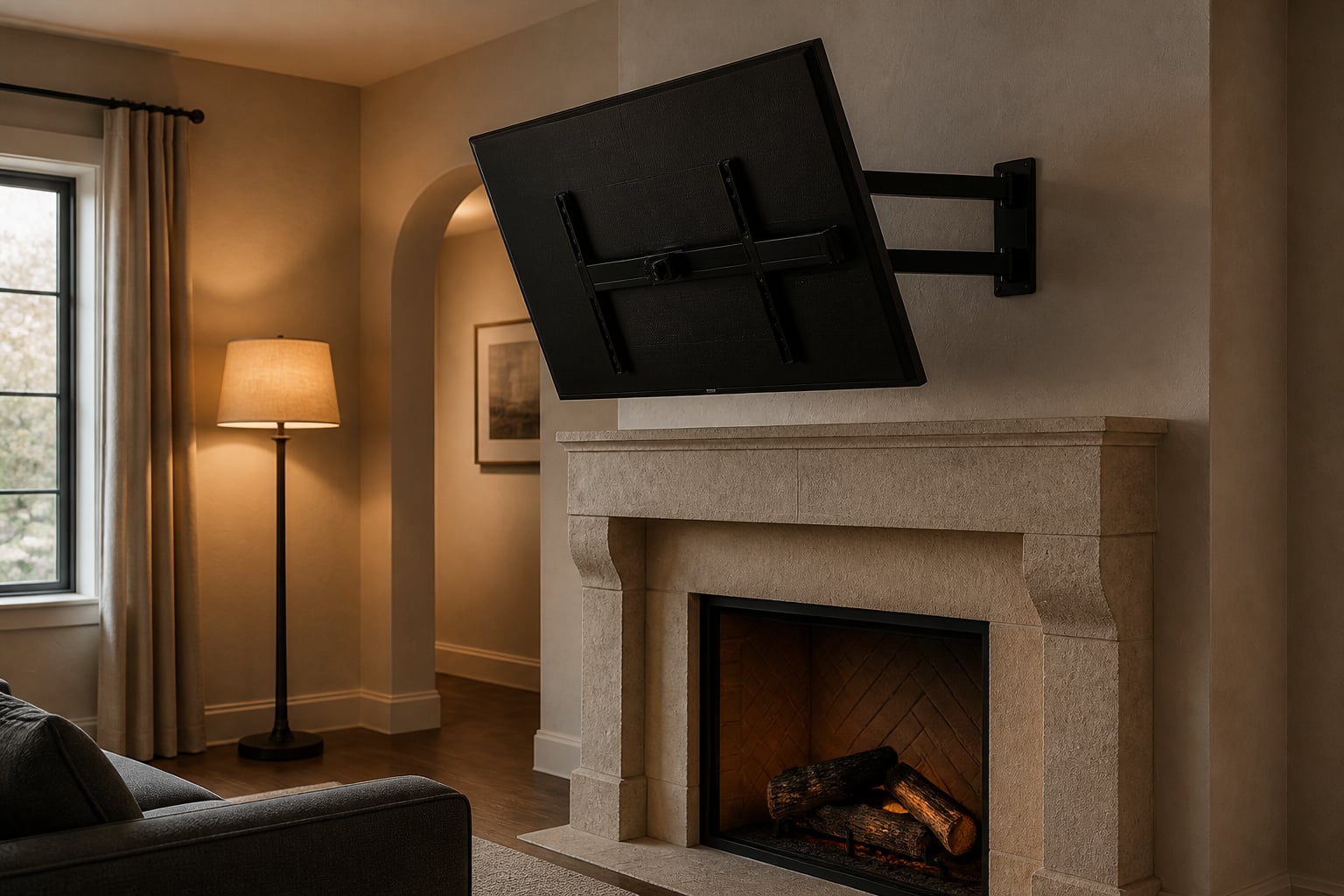 TV mounted above a stone fireplace on a full-motion pull-down mount angled to eye level in a modern traditional living room