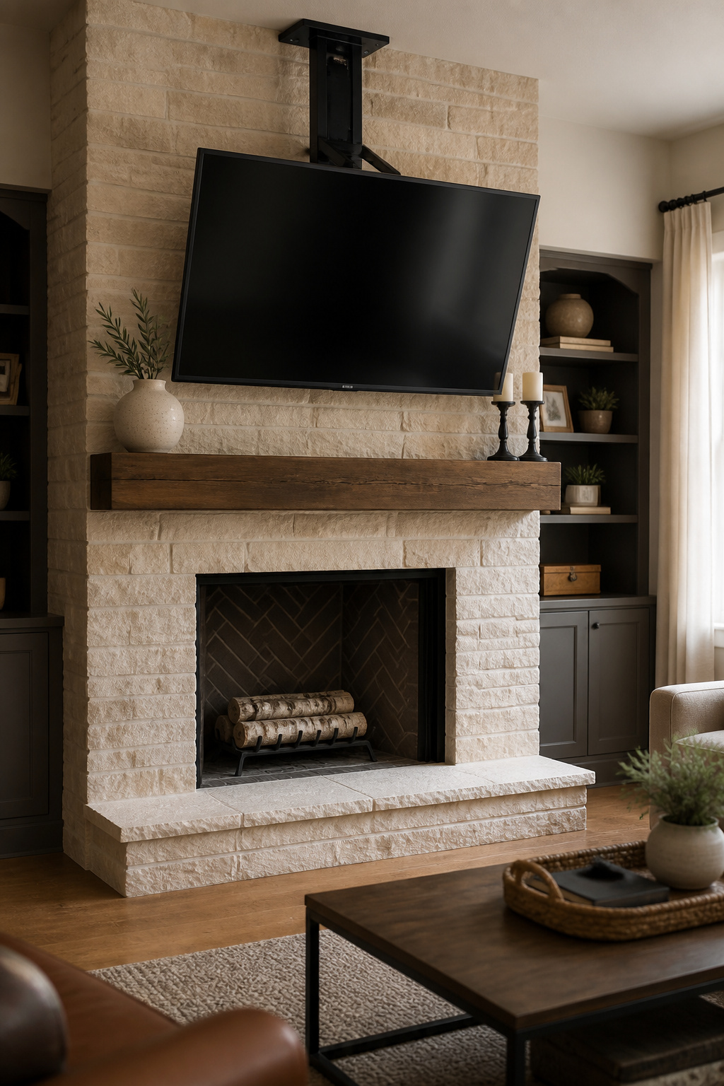 Stone fireplace with TV mounted above mantel using a pull-down articulating mount at correct viewing height