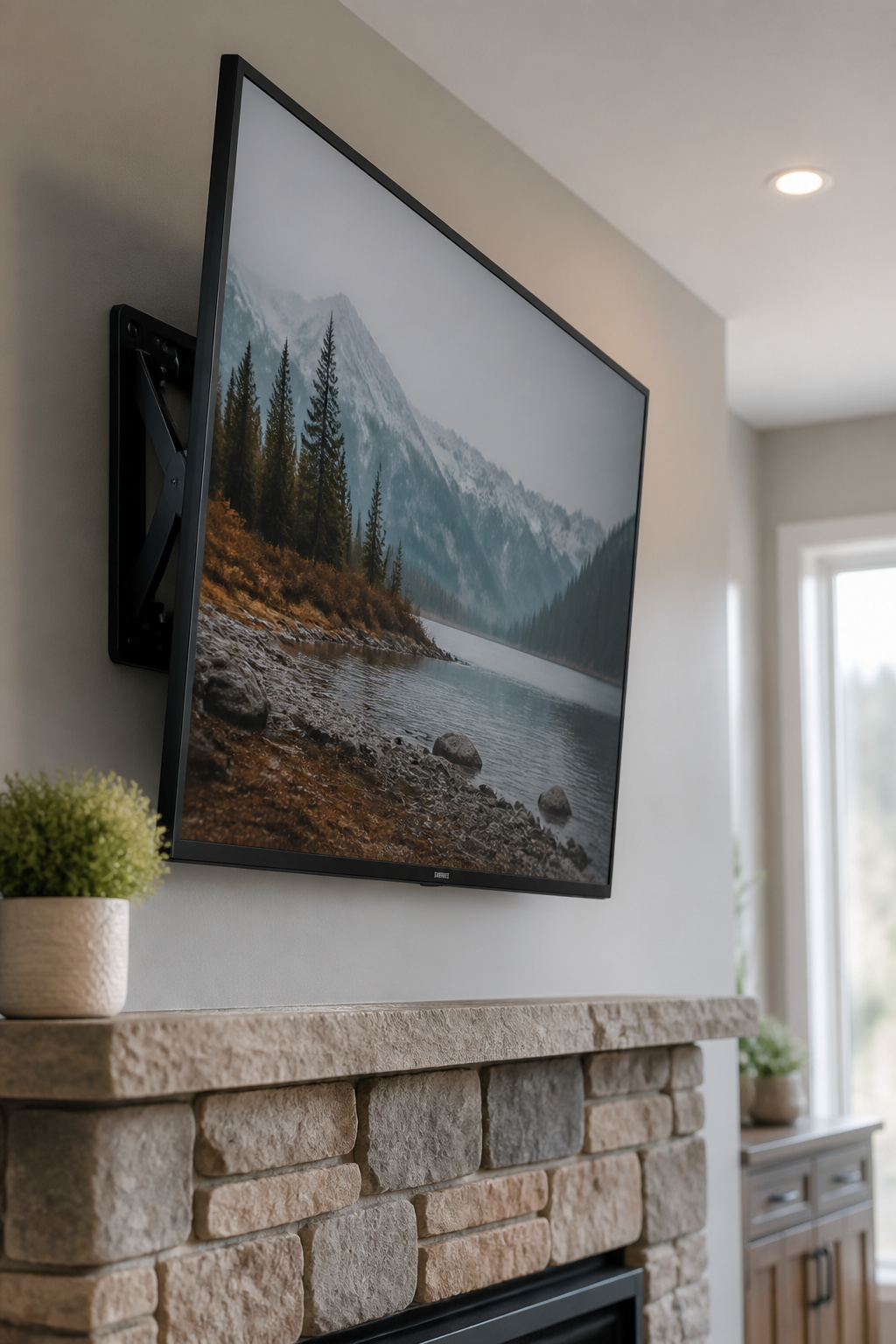 Flatscreen TV above a stone fireplace surround mounted on a tilting bracket angled down toward the seating position