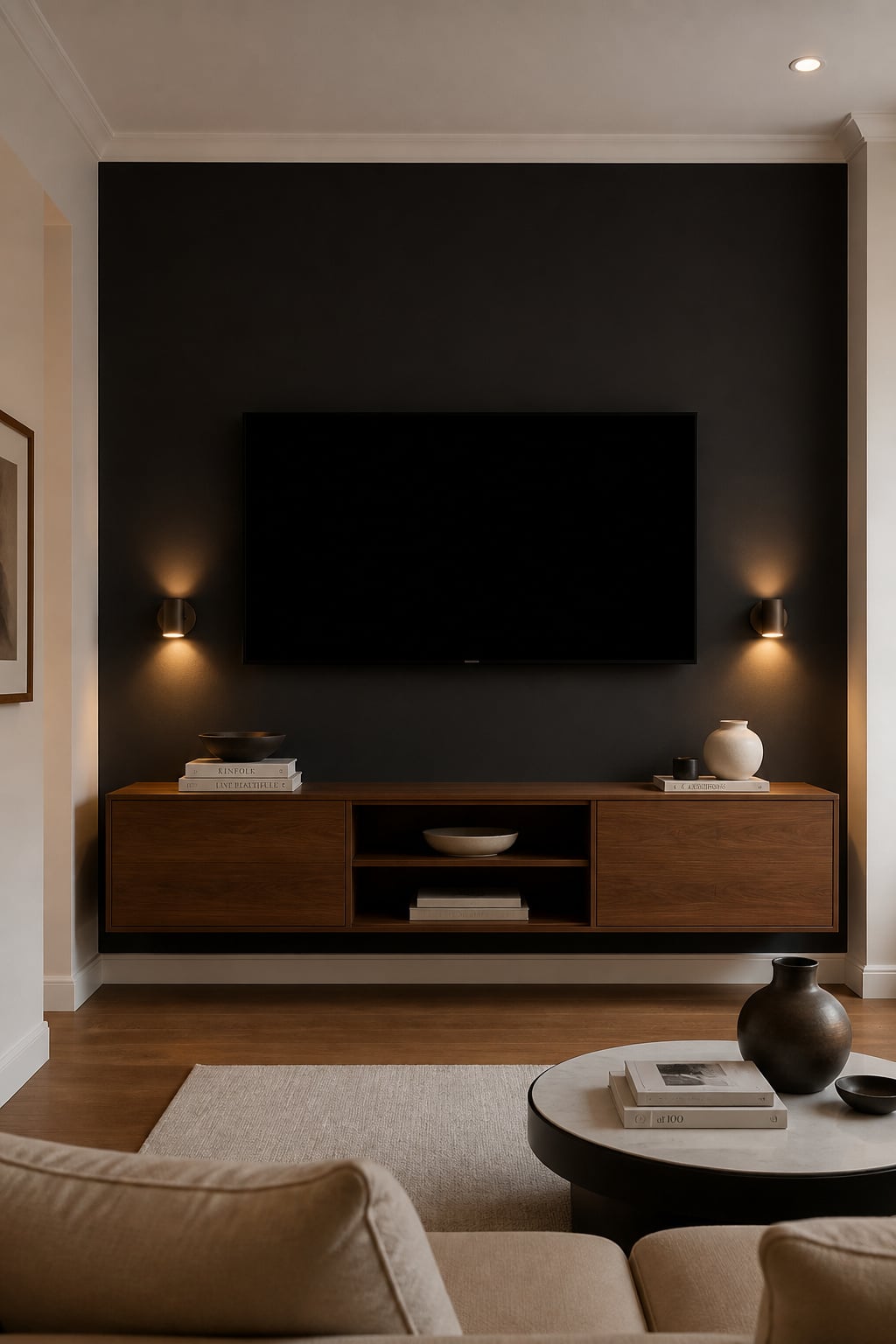Living room TV wall painted in deep charcoal with wall-mounted TV and floating walnut console