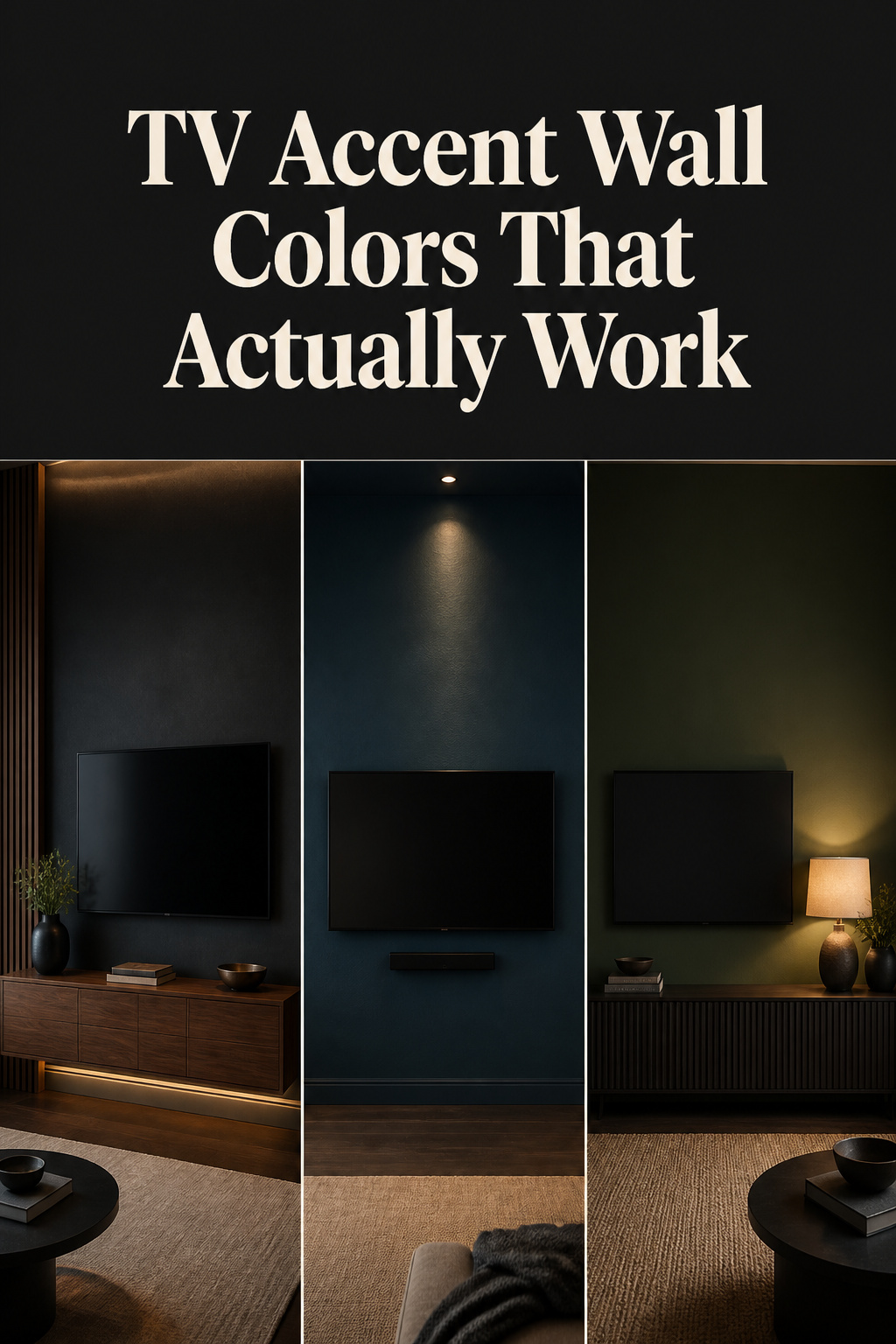 Three dark TV accent wall colour ideas — charcoal, teal-blue, and forest green — in a Pinterest-style collage