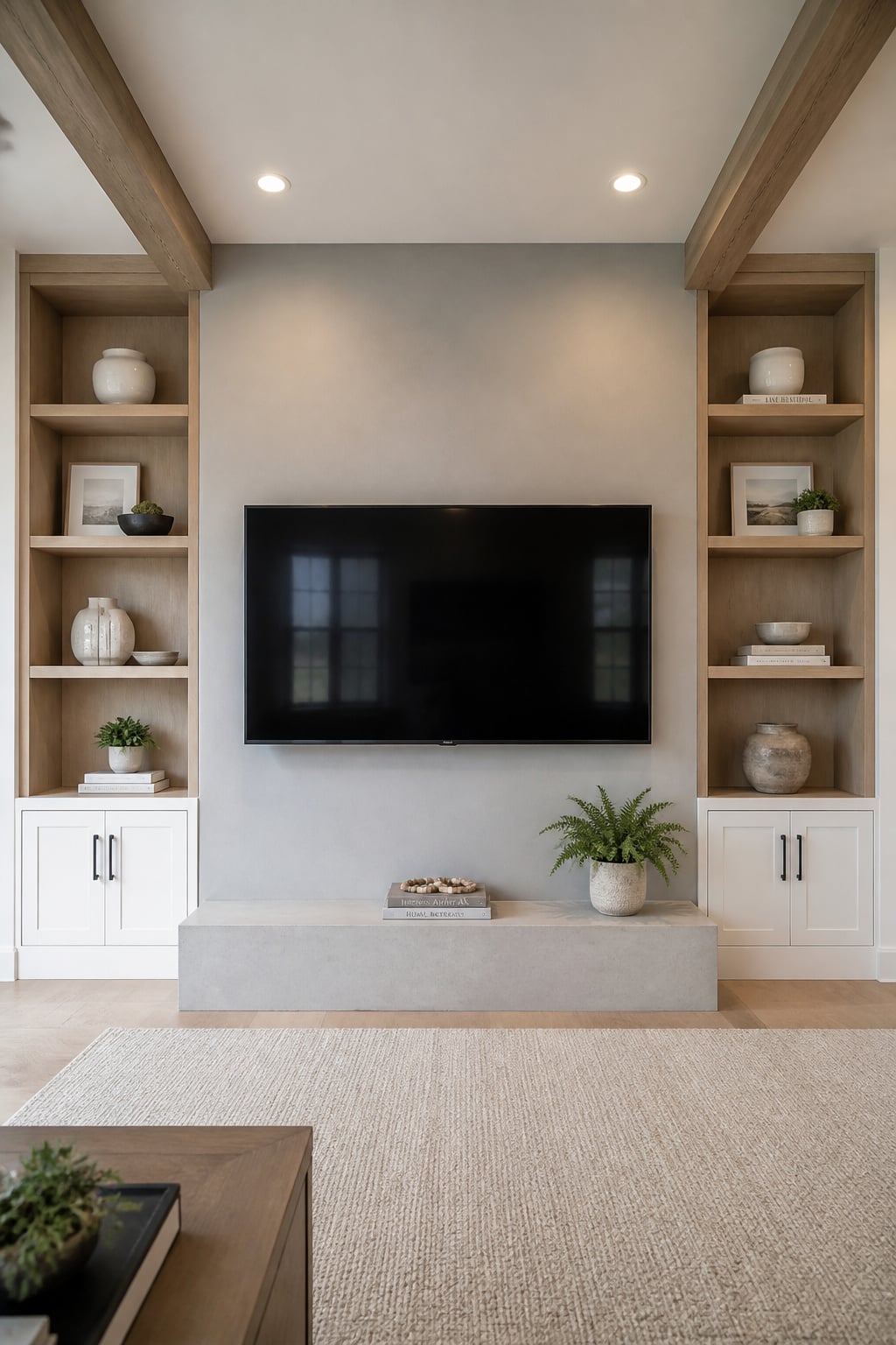 Symmetrical built-in shelving flanking a wall-mounted television with shelves running full ceiling height, demonstrating correct flank-to-screen proportions
