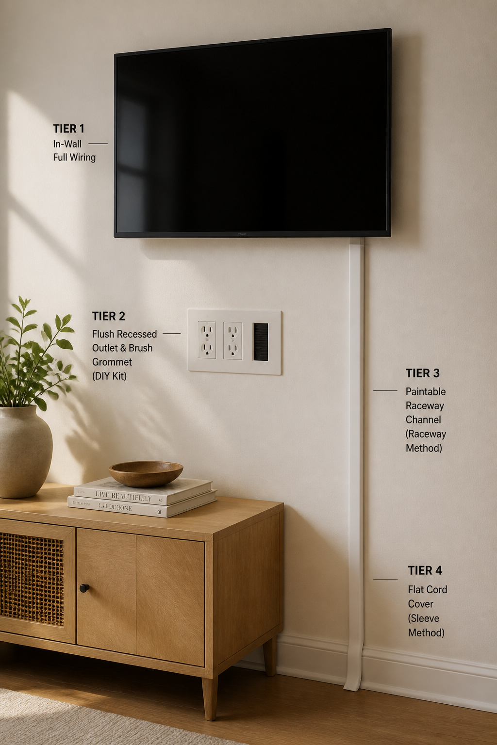 Living room wall showing four TV cable management methods — flush outlet kit, painted raceway, and cord cover, with a mounted TV above