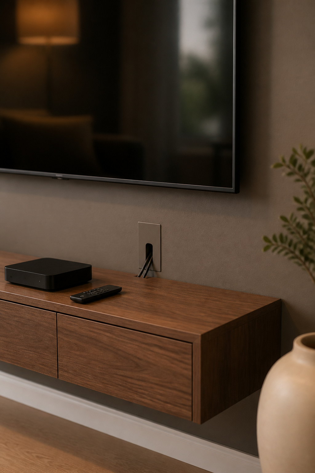 Wall-mounted TV with completely hidden cables using in-wall power kit and recessed cable management