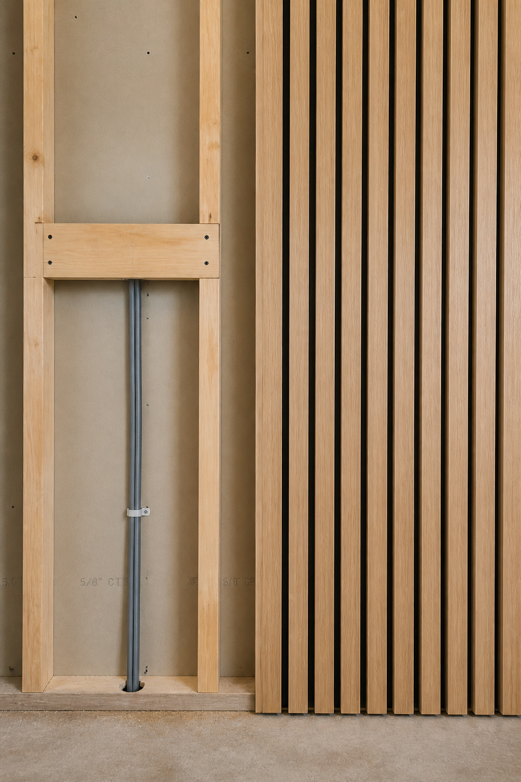 Plywood blocking strip and in-wall conduit installed behind wall before wood slats are applied — essential for TV mounting