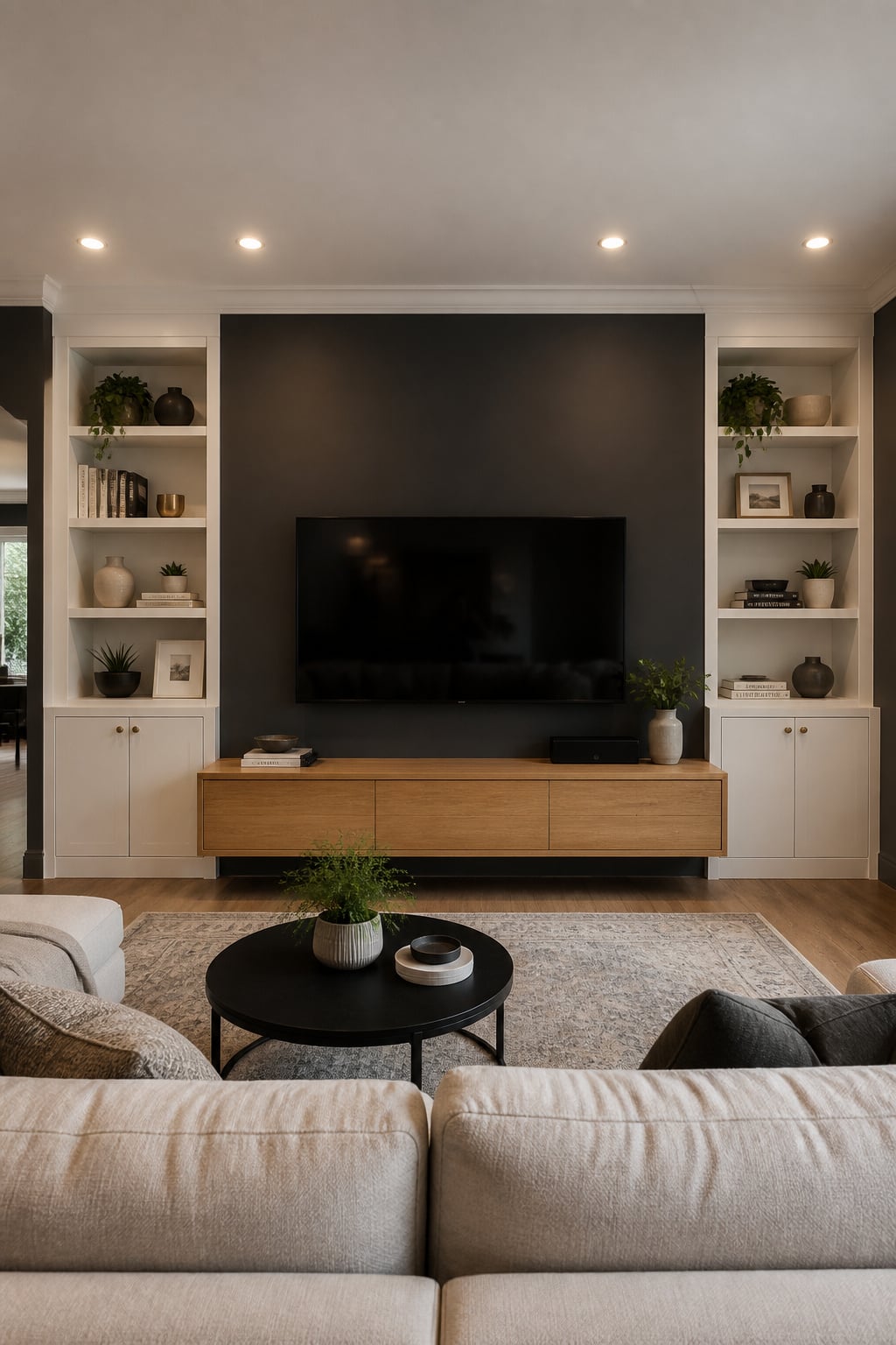 Living room TV feature wall with dark accent paint, symmetrical built-in bookcases, and floating oak media console