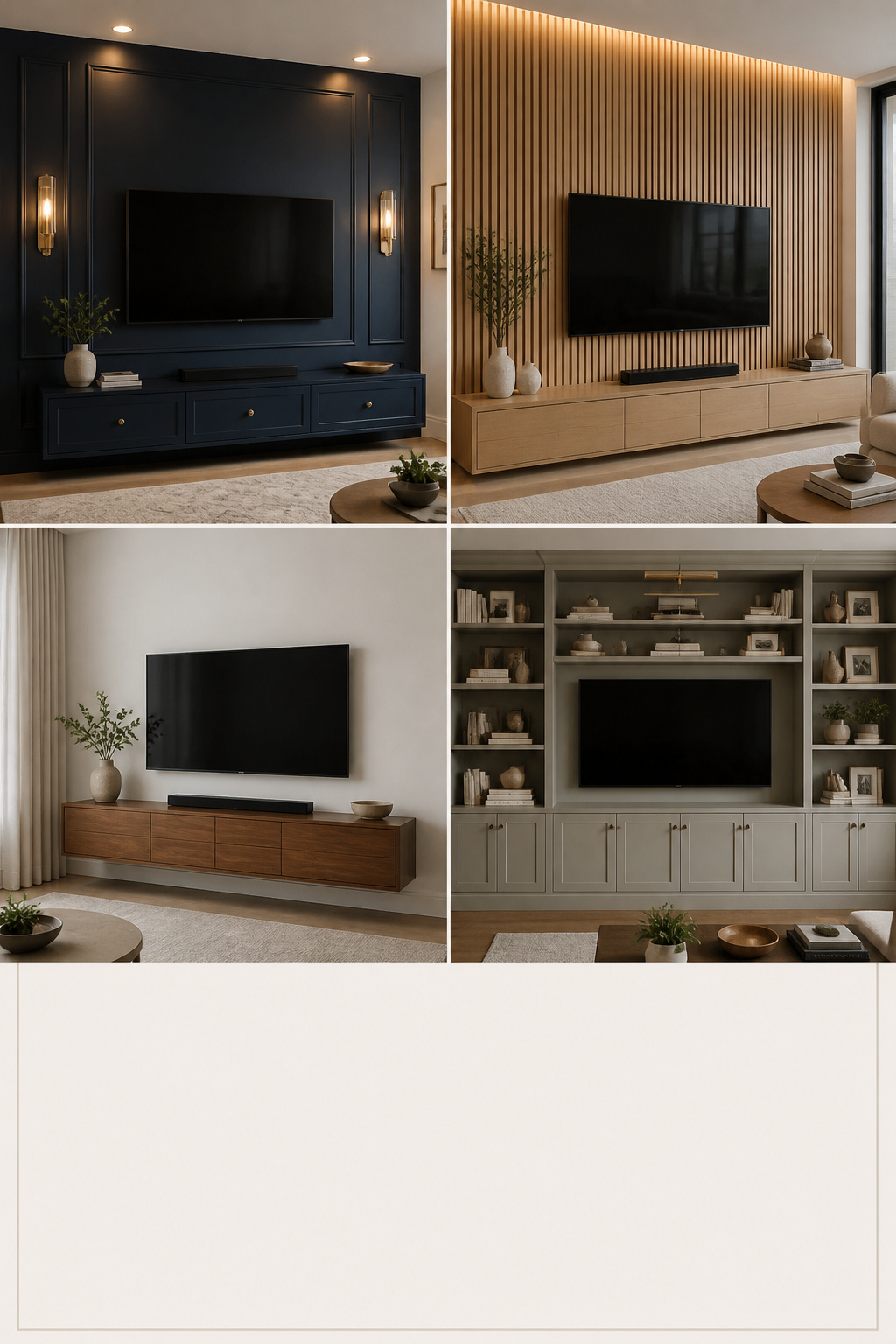 Four TV wall design ideas collage showing dark accent wall, wood slat panel, minimalist console, and built-in bookcase approaches