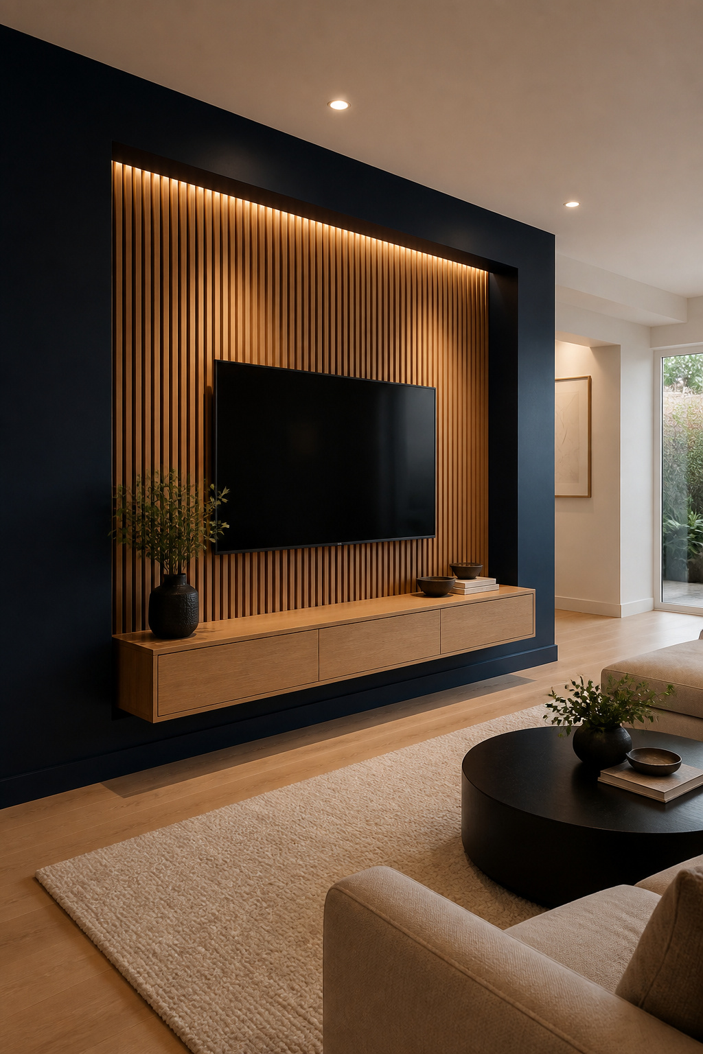 Sophisticated living room TV wall with layered dark navy paint, oak wood slat panel, and floating TV with console