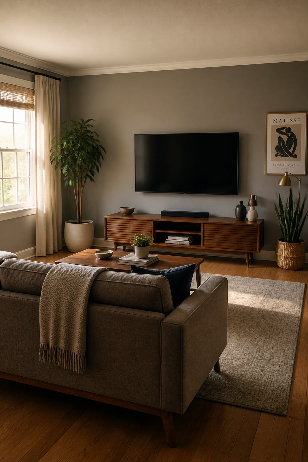 Living room with wall-mounted TV at correct 42-inch centre height showing ideal viewing distance from sofa