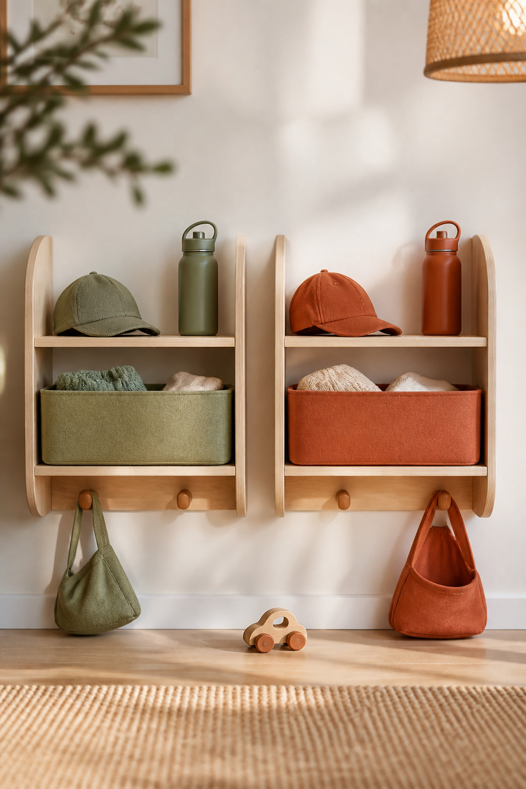 Two identical birch shelves at low height, one holding sage-green storage and the other terracotta, marking two personal zones in a shared room