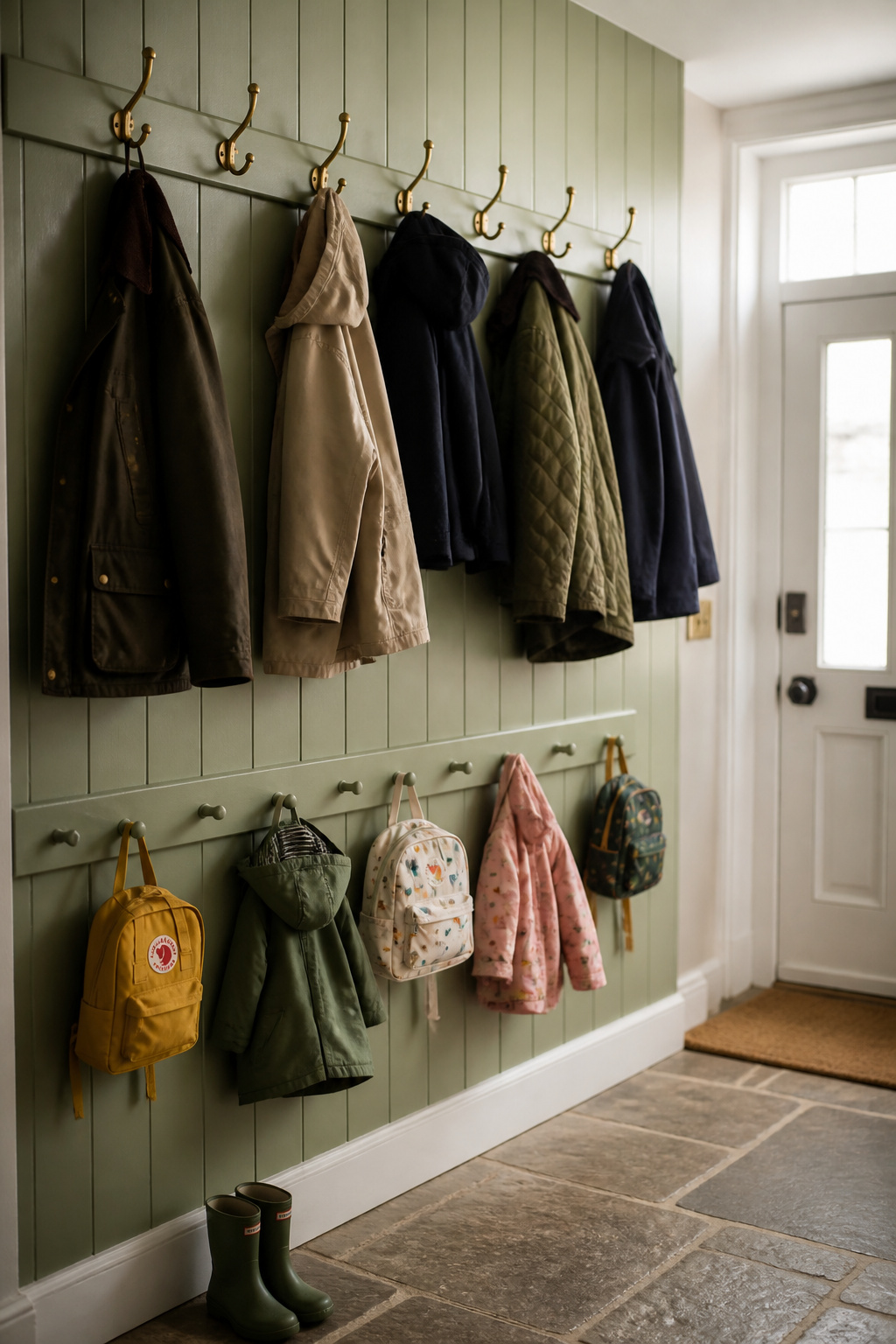Cottage entryway wall showing two rows of coat hooks — brass double hooks at adult height holding winter coats and Shaker pegs below at child height with small backpacks