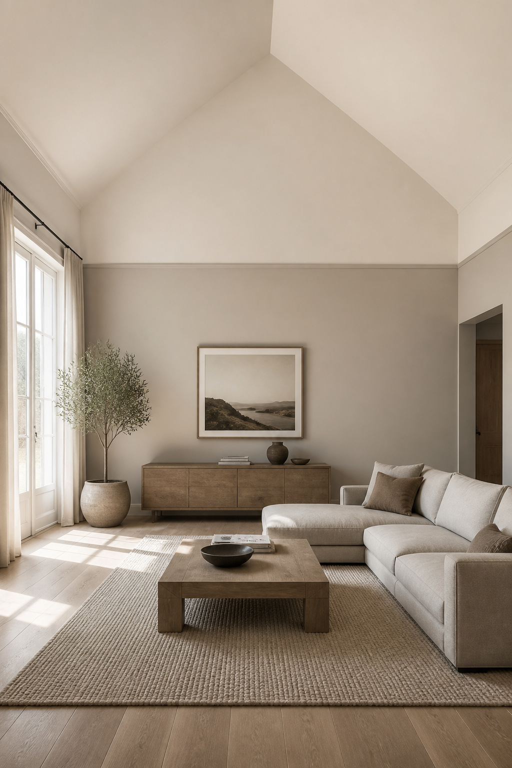 Two-tone paint technique on vaulted ceiling living room wall showing warm greige lower section transitioning to warm white upper section at two-thirds wall height