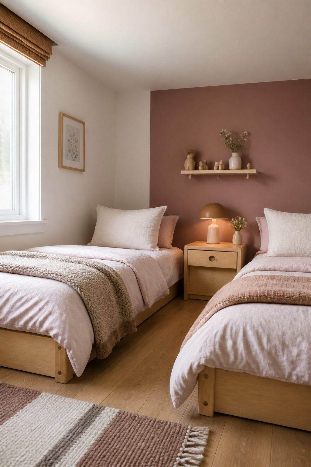 Two separate low twin beds placed side by side in a narrow bedroom where a bunk bed would not fit