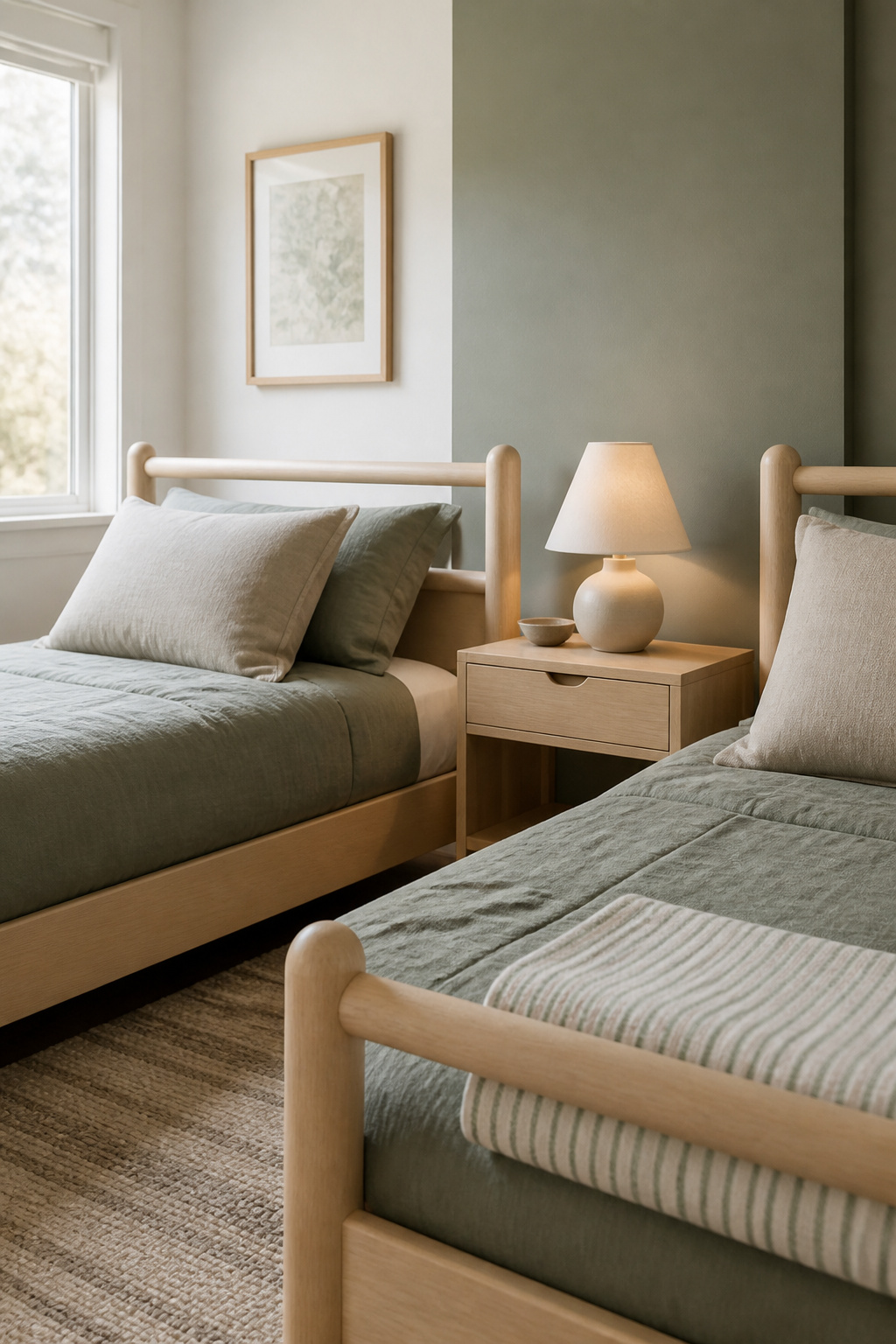 Two twin beds in birch frames set side by side along one wall with a shared nightstand between them in a small, bright bedroom