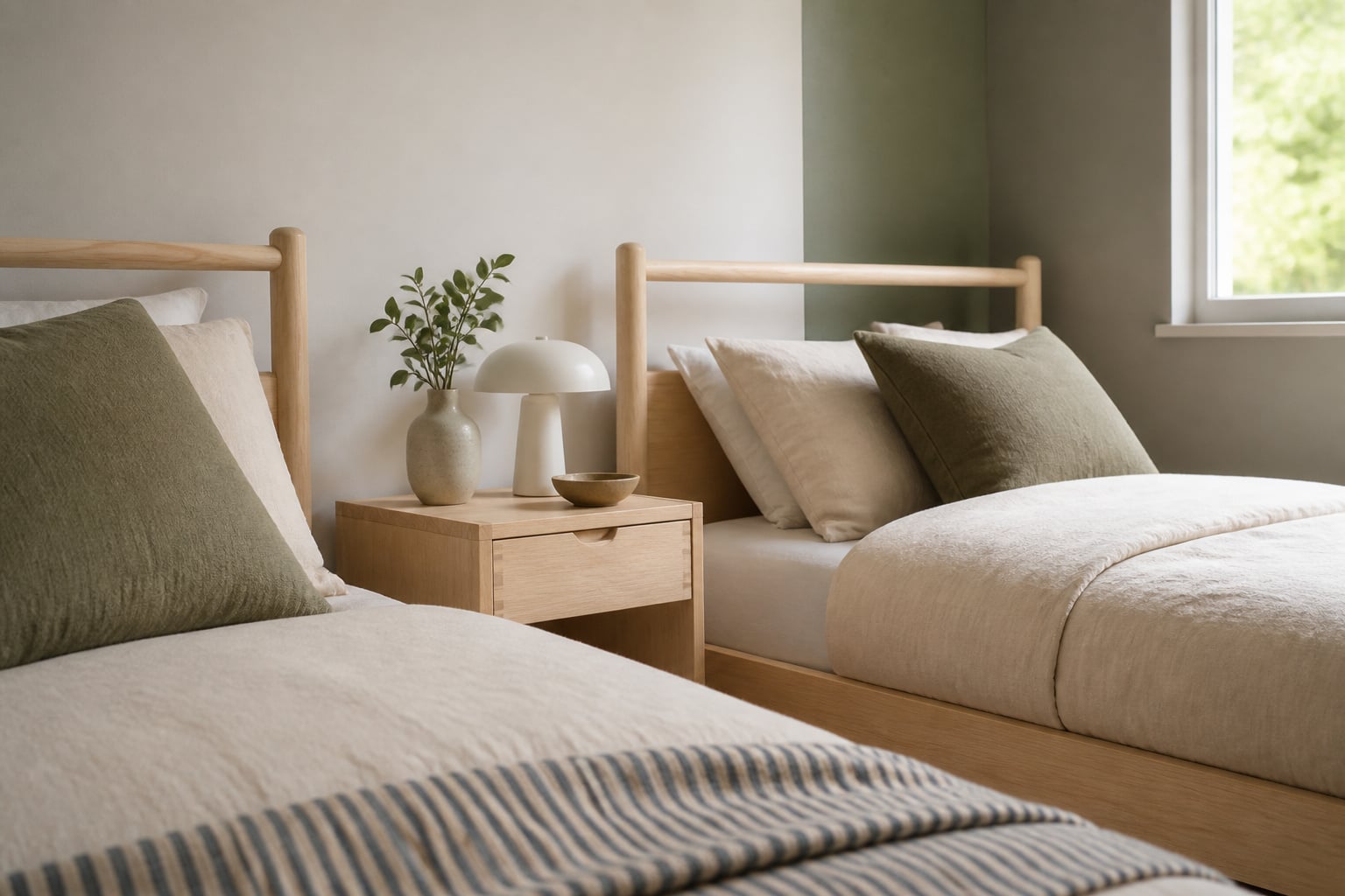 Two twin beds in birch frames set side by side along one wall with a shared nightstand between them in a small, bright bedroom
