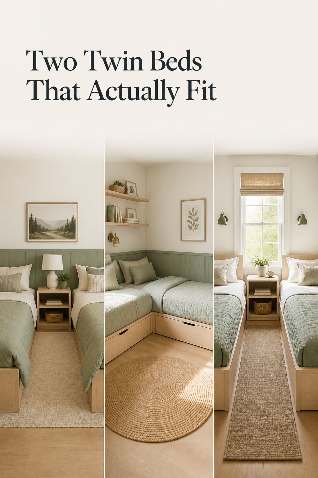 Pinterest collage of three twin-bed layouts for a small shared bedroom - parallel with a nightstand, L-shape corner, and head-to-head under a window - with the headline Two Twin Beds That Actually Fit