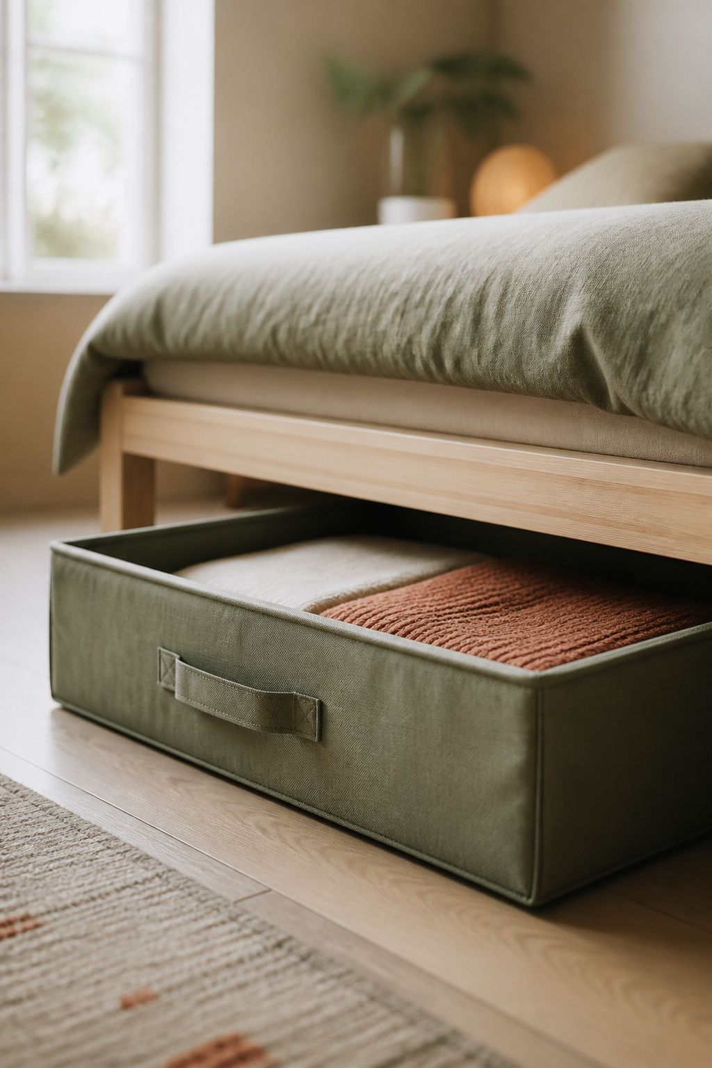 Shallow under-bed storage drawer pulled halfway out from beneath a low platform bed frame