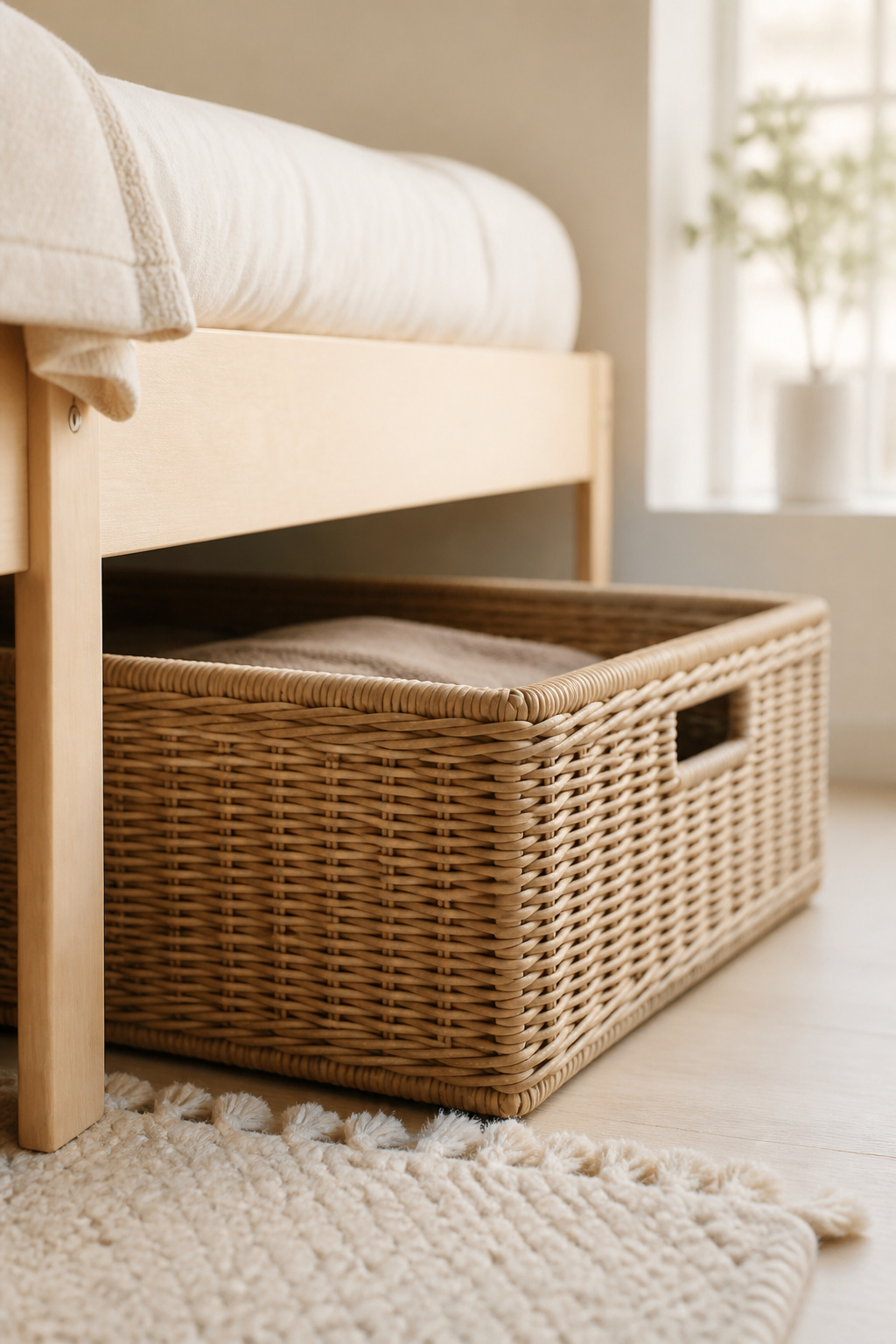 Woven rattan storage crate pulled halfway out from under a birch twin bed frame in a small bright bedroom