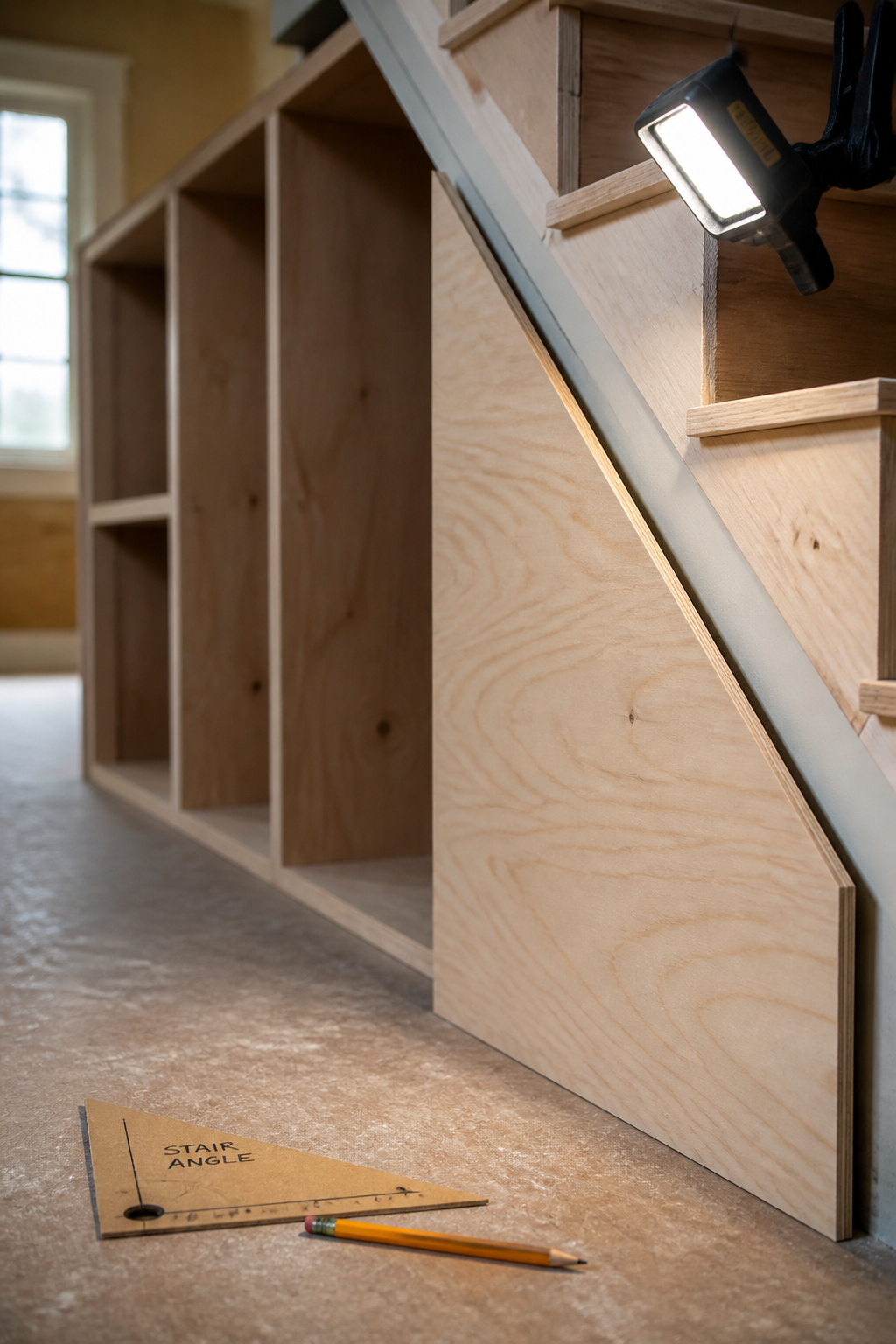 Angled plywood side panel test-fitted against a staircase slope during a cubby build