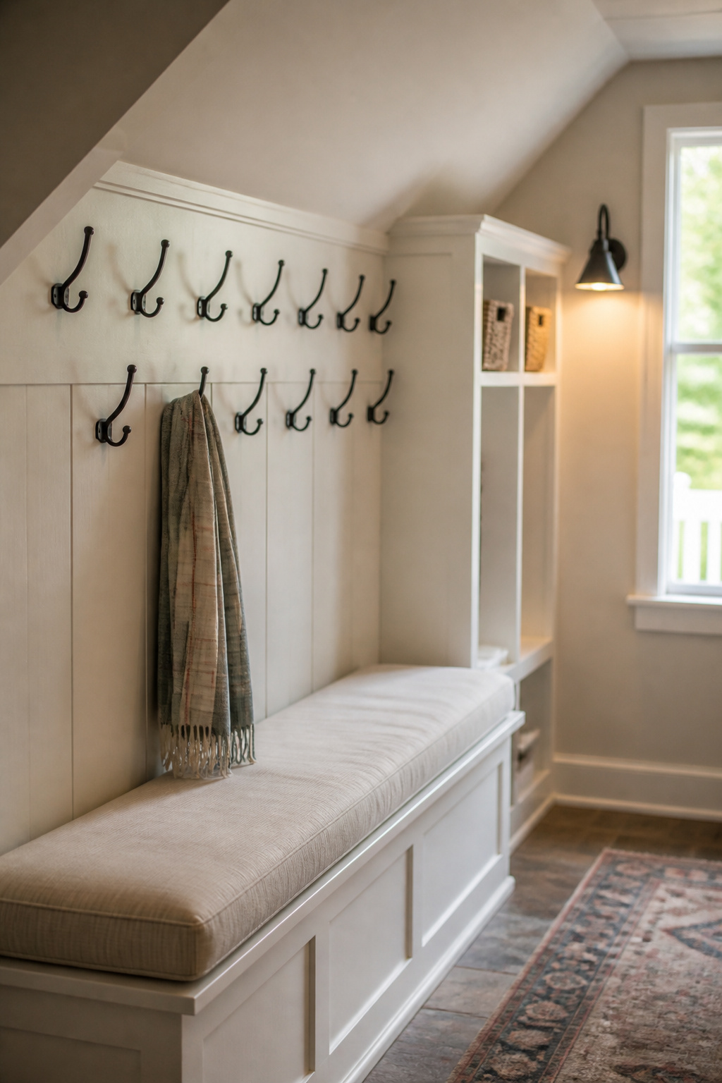 Finished under-stairs bench with cushion and two staggered rows of coat hooks fitted below the sloped ceiling
