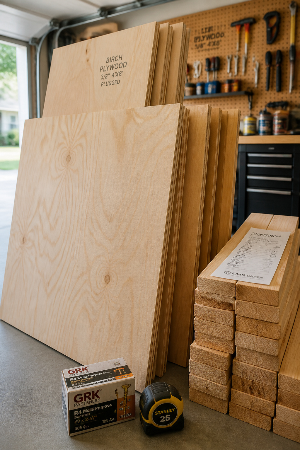 Plywood sheets and framing lumber staged in a garage for an under-stairs storage build