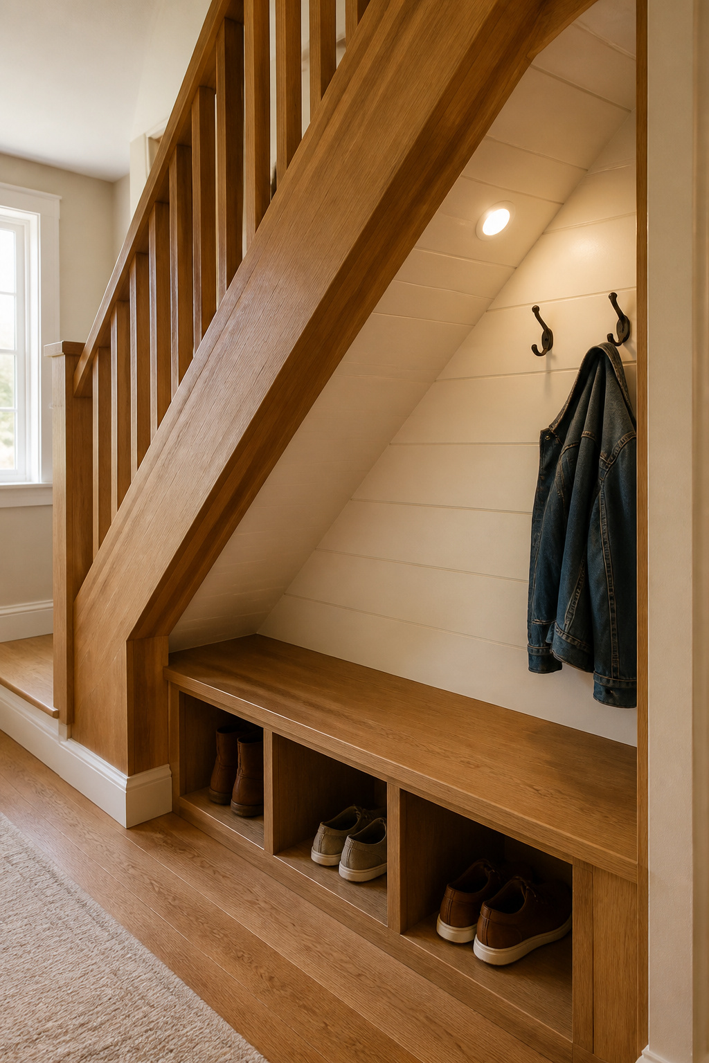 Under-stairs drop zone with a fitted bench, cubbies, and hooks as an alternative to a garage entry build