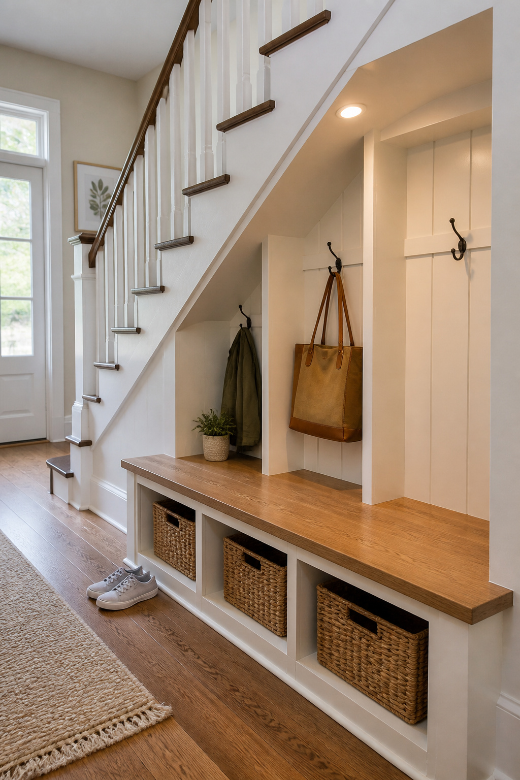 Built-in under-stairs drop zone with angled plywood cubbies, a bench seat, and coat hooks fitted to the sloped ceiling