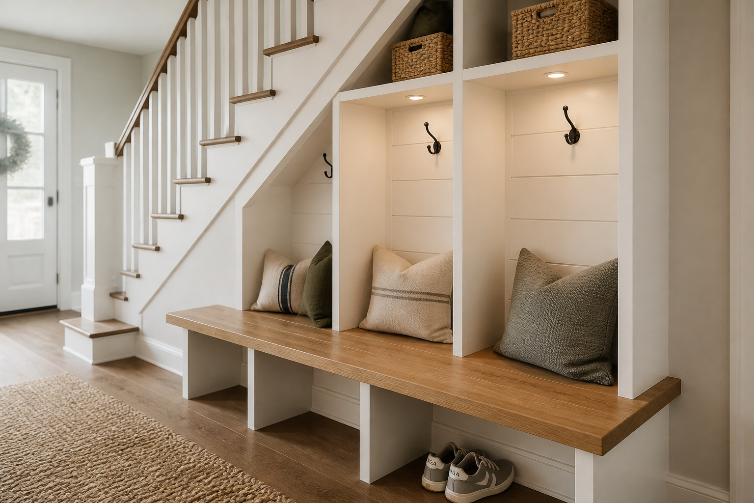 Built-in under-stairs drop zone with angled plywood cubbies, a bench seat, and coat hooks fitted to the sloped ceiling