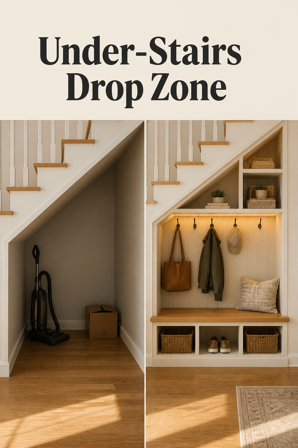 Before and after collage of an under-stairs drop zone transformed from empty triangle space into built-in cubbies and a bench