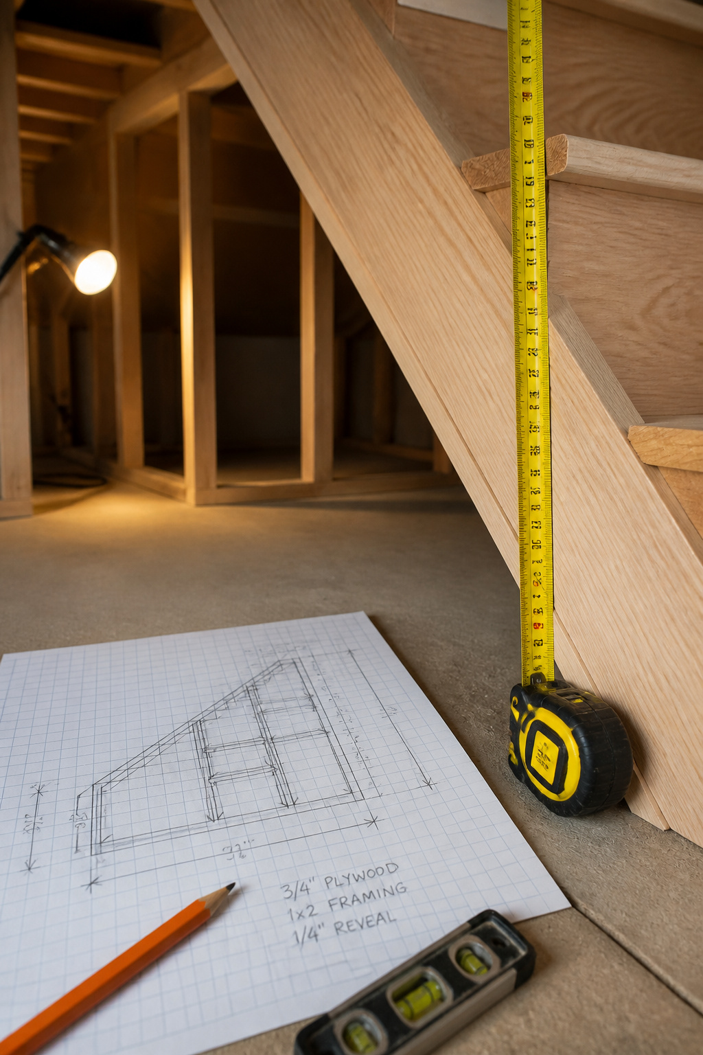 Tape measure and sketch plan mapping the sloped ceiling height under a staircase before building cubbies