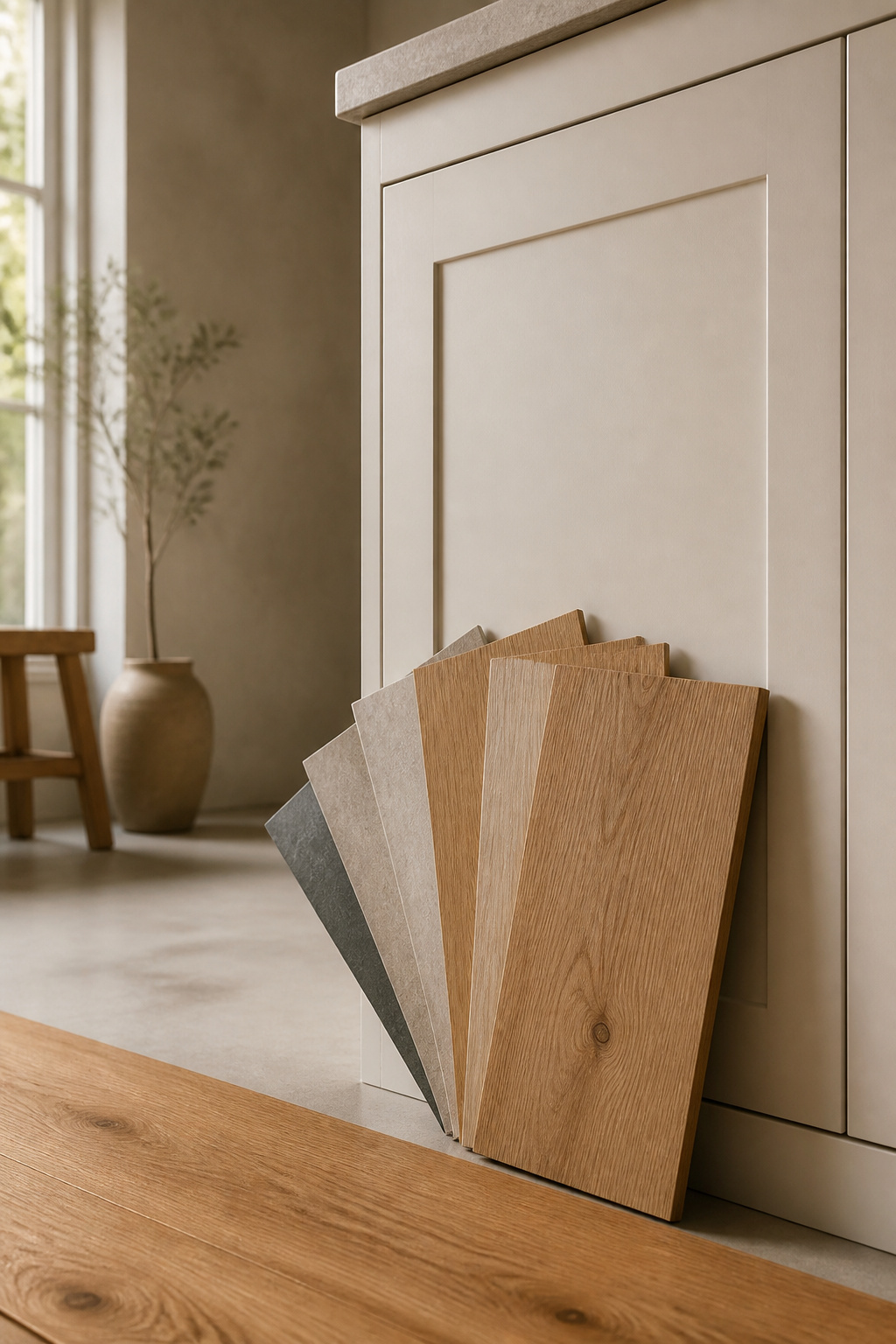 Wood and stone floor samples held against a warm off-white kitchen cabinet door to check undertone