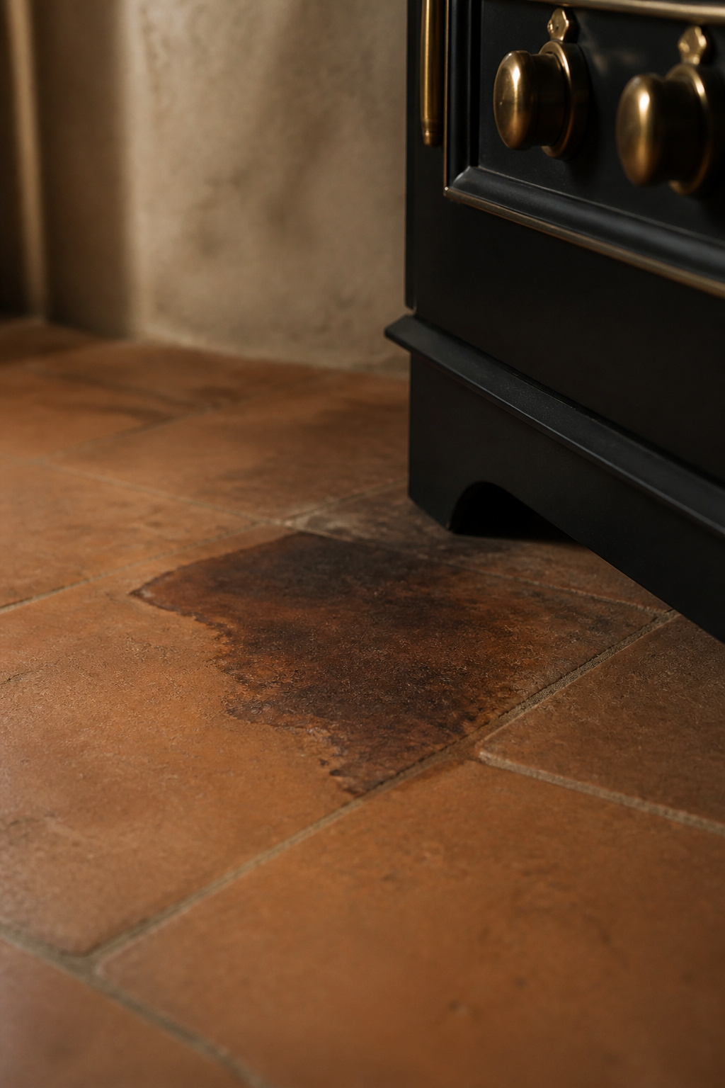 Unsealed terracotta kitchen floor tile with a dark oil stain absorbed into the clay near the base of a range